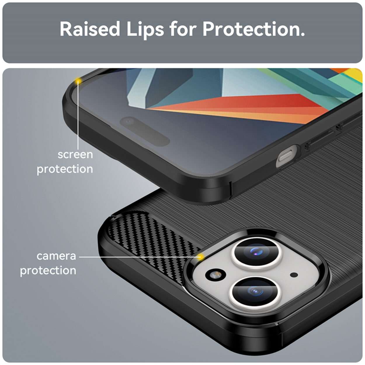 Close-up of a phone case. Shows screen and camera protection. Text: Raised lips for protection.