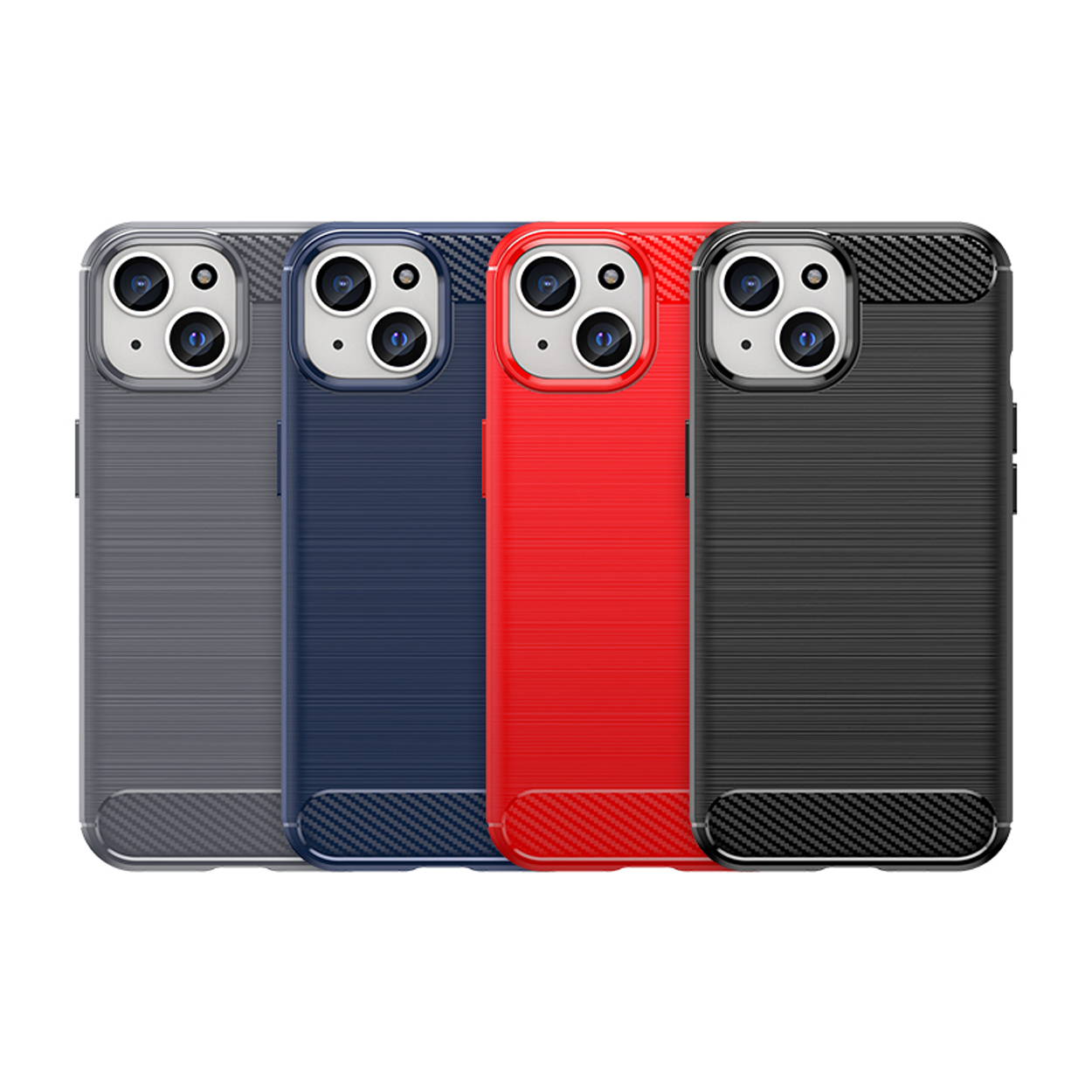 Four phone cases in different colors, grey, blue, red, and black. All have carbon fiber-like texture.