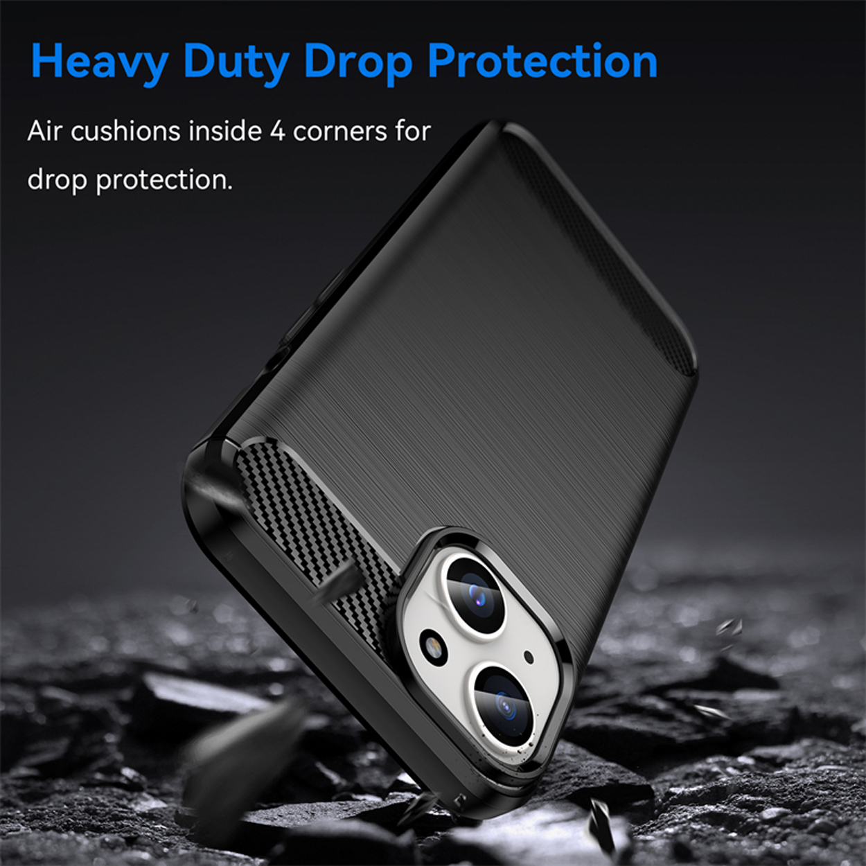 Black phone case. Heavy duty drop protection. Phone case with a textured finish and a camera cutout.