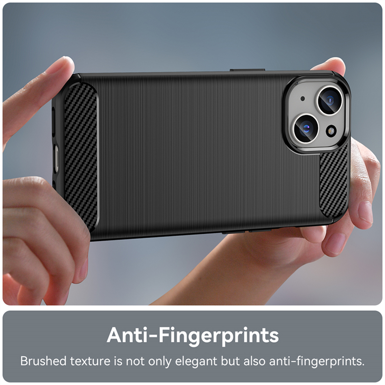 A person holding a phone case with a carbon fiber texture.