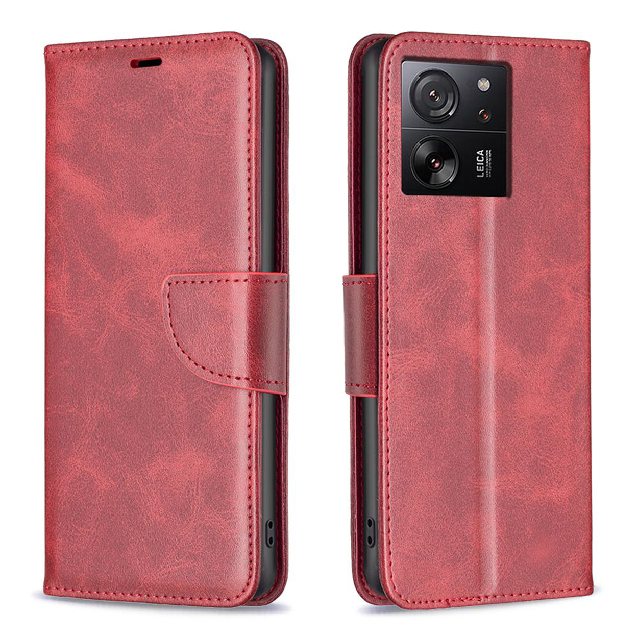 Étui de téléphone en cuir rouge, ouvert et fermé, avec fentes pour cartes. Téléphone non visible.
