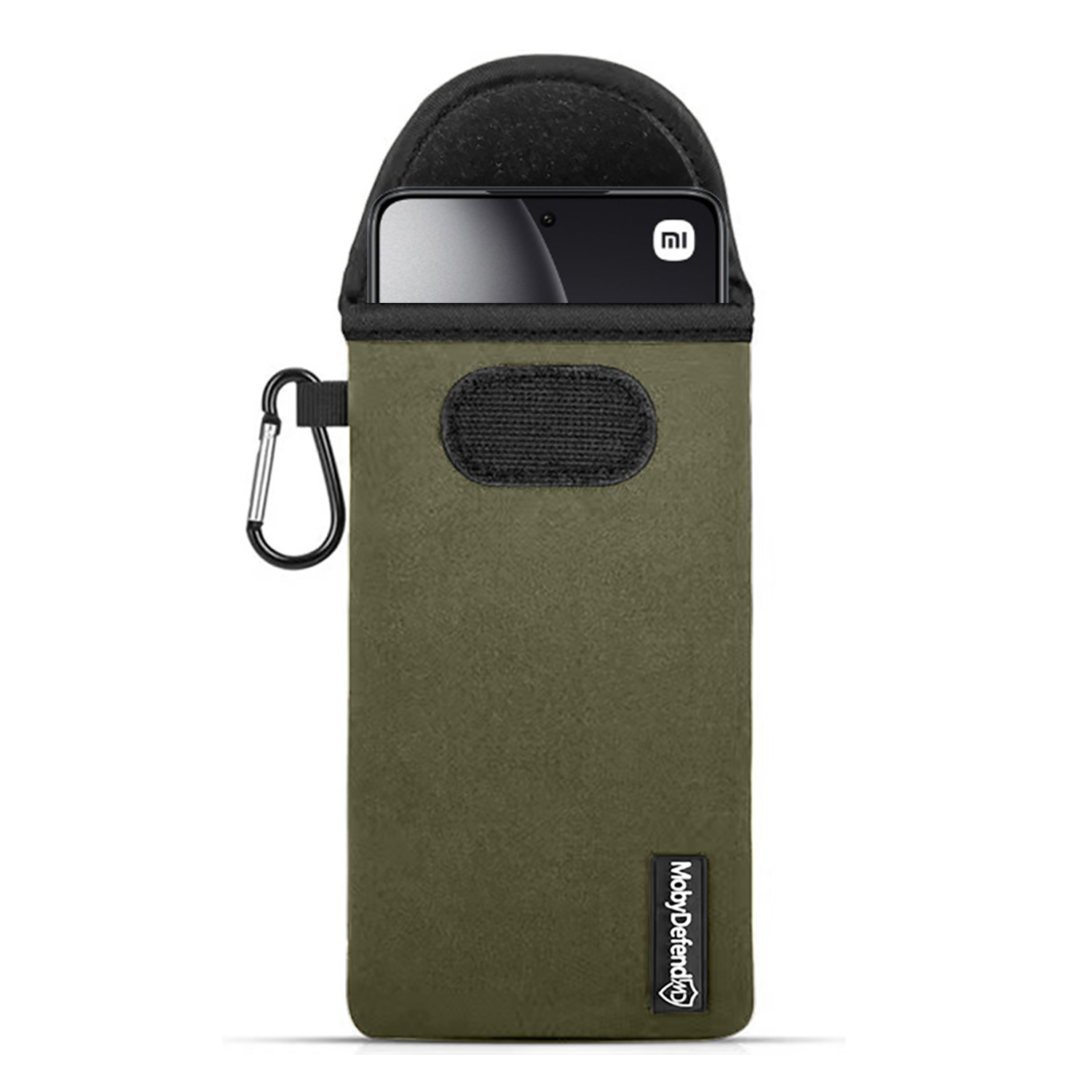 Olijfgroene telefoonhoes met een karabijnhaak.