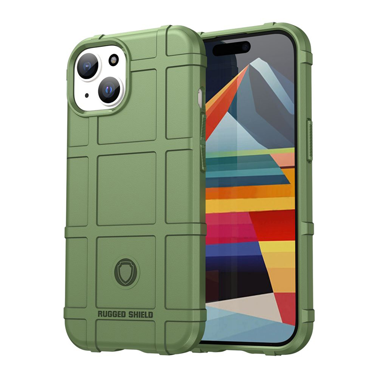 Een olijfgroene telefoonhoes die een telefoon beschermt. De hoes heeft een robuuste, rasterachtige textuur.