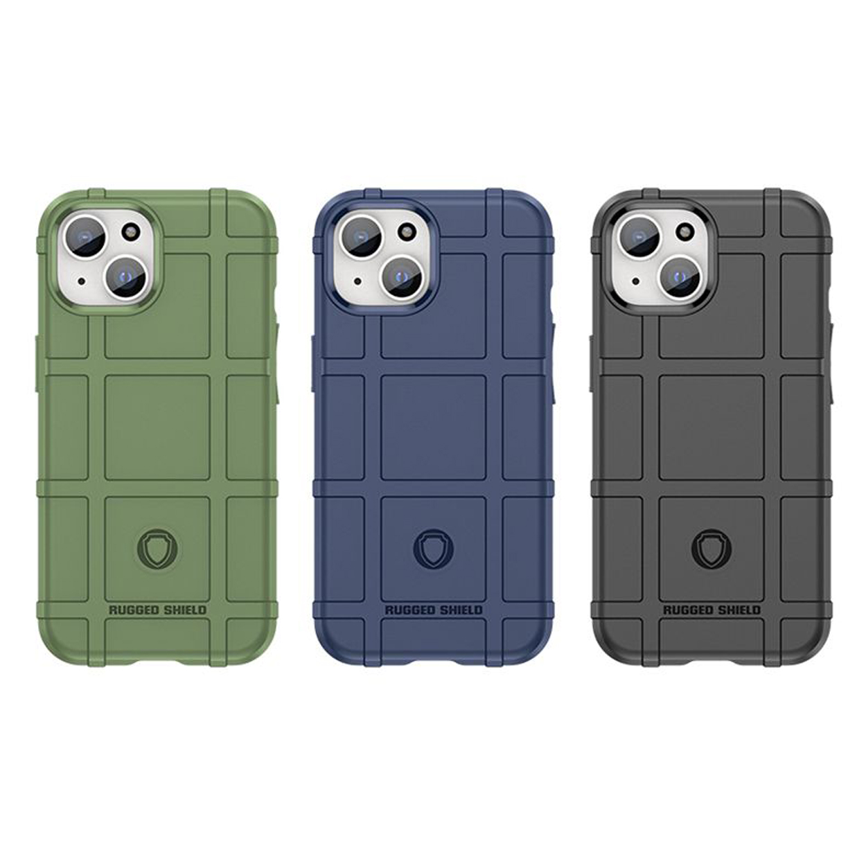 Trois coques de téléphone, vertes, bleues et grises, avec un design de bouclier robuste, fond blanc.