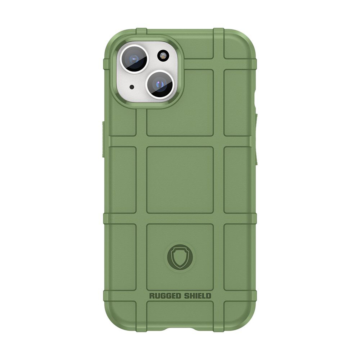 Groene telefoonhoes met rasterontwerp en Rugged Shield-logo. De hoes beschermt een telefoon.