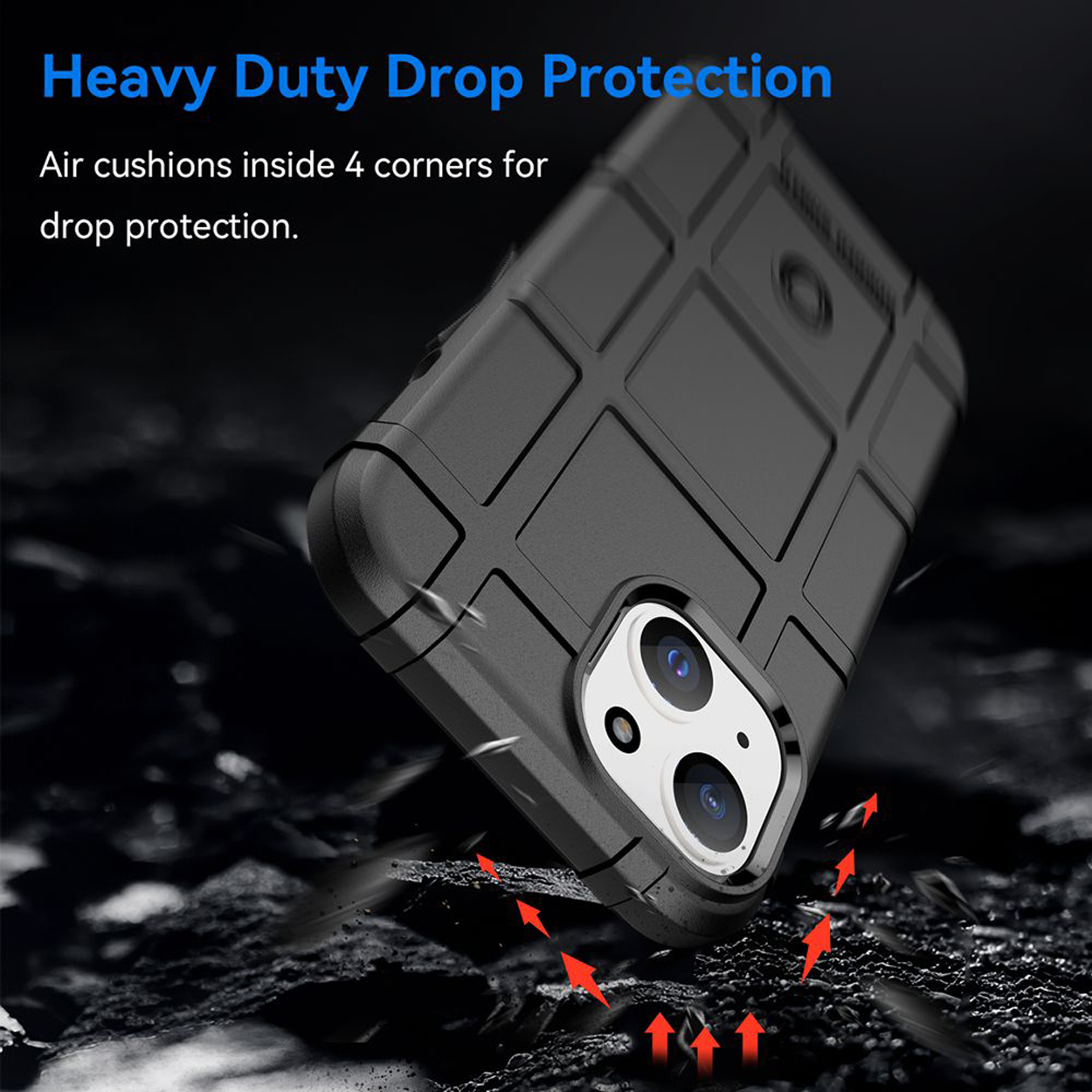Coque de téléphone noire avec un téléphone à l'intérieur, tombant sur une surface. Texte : Protection antichute robuste.