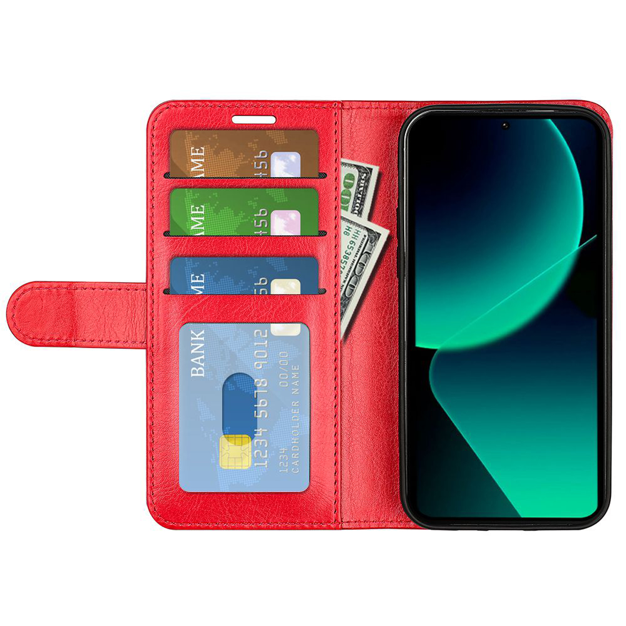 Rode telefoonhoes open, kaarten en geld zichtbaar. Telefoon binnenin. Achtergrond: effen.