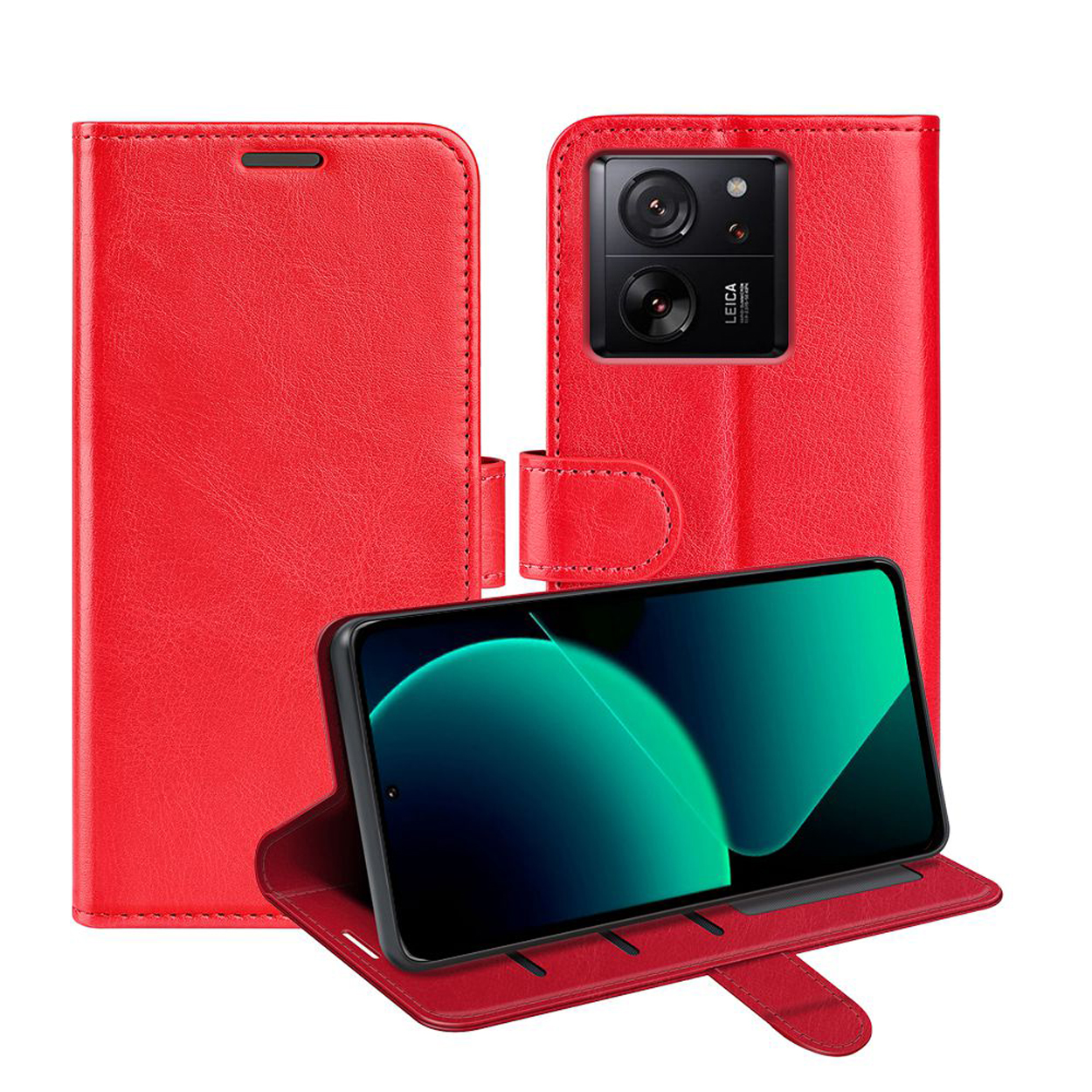 Rode telefoonhoes open met telefoon. De telefoon heeft twee camera's. De hoes heeft kaartsleuven.