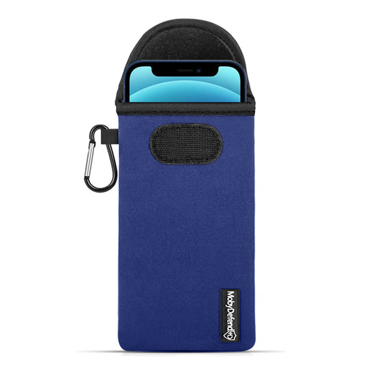 Blauwe telefoonhoes met een karabijnhaak. De telefoon zit in de hoes.