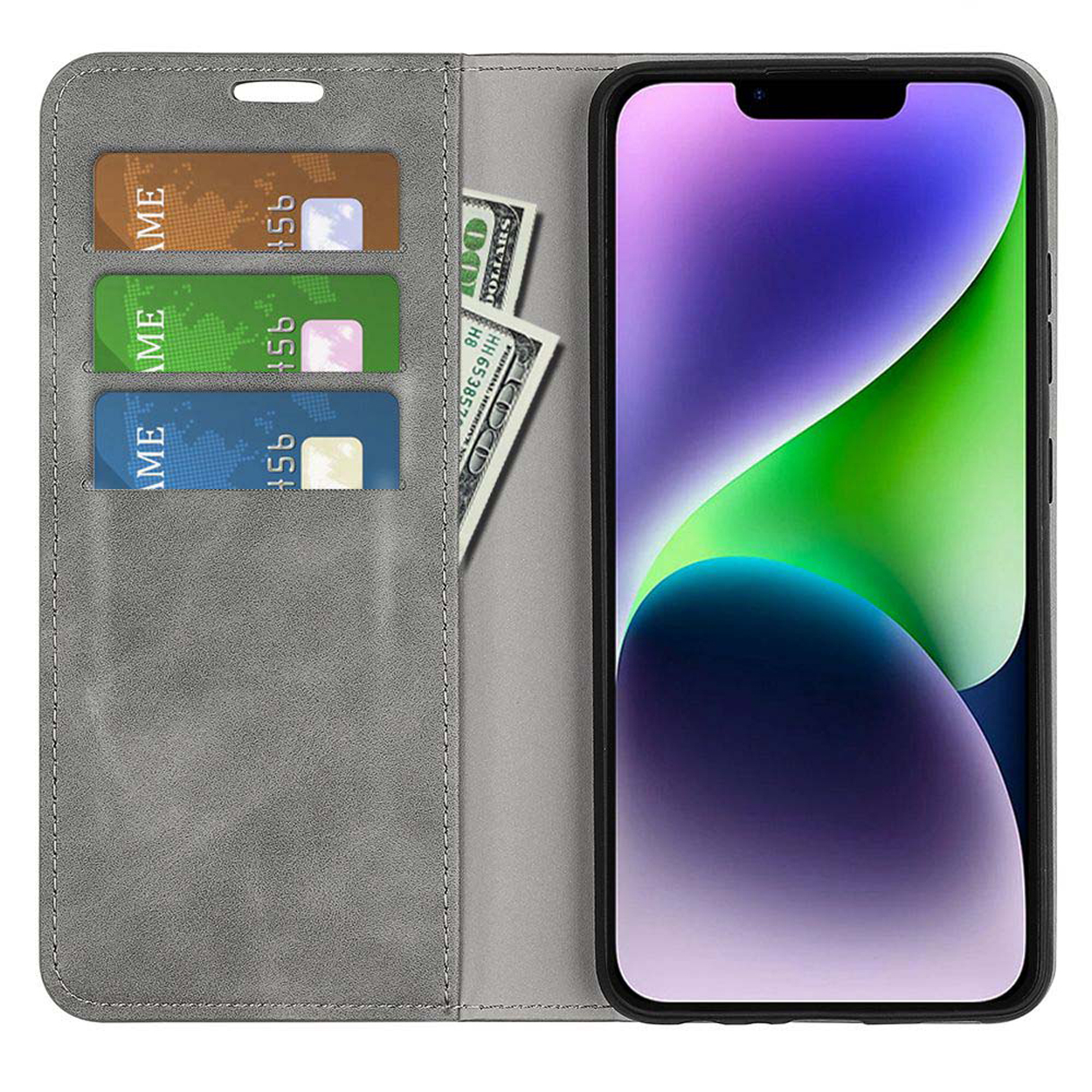 Open telefoonhoesje met telefoon en kaarten. Toont creditcards in sleuven en Amerikaanse dollars.