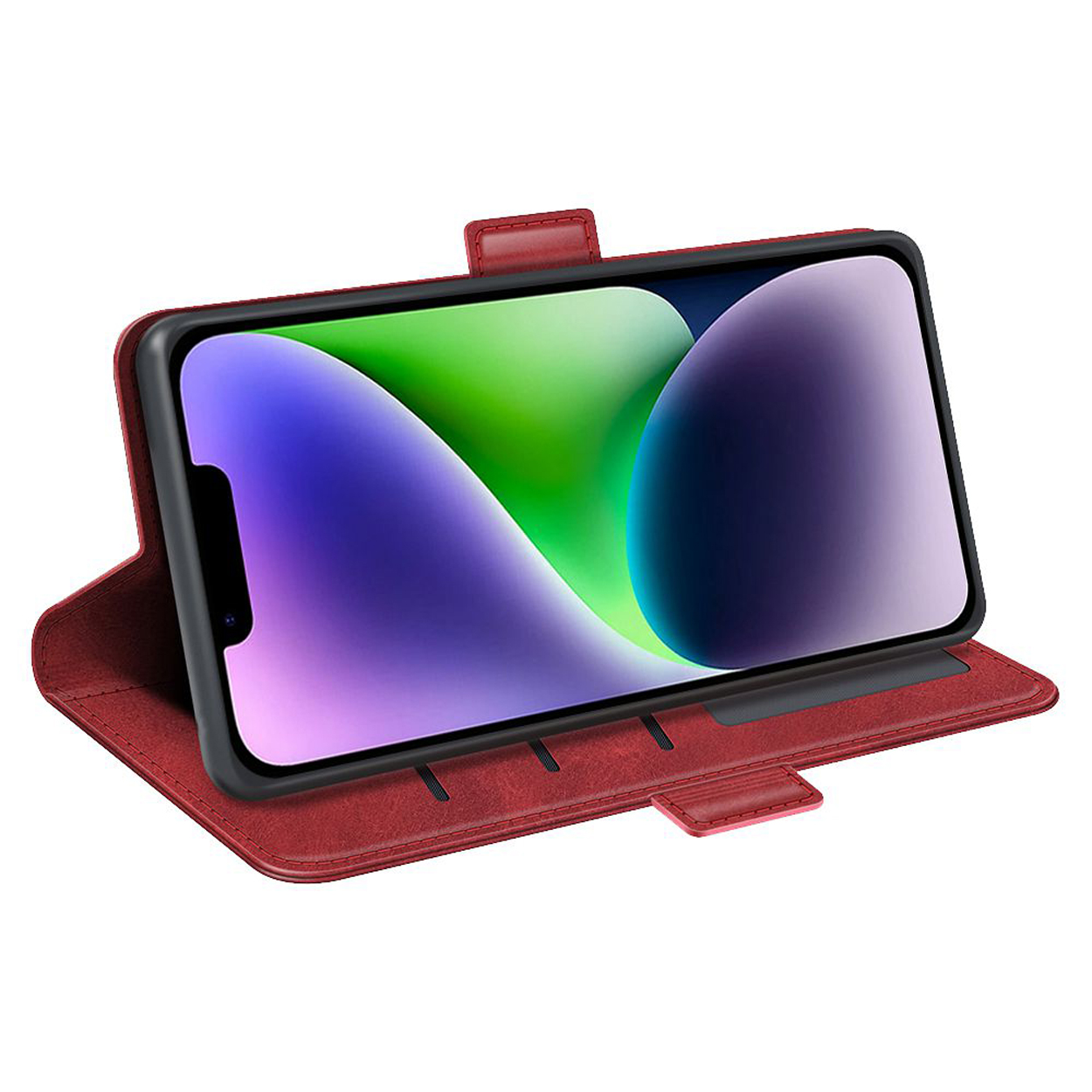 Rode leren telefoonhoes met open klep, telefoon met kleurrijk beeld.