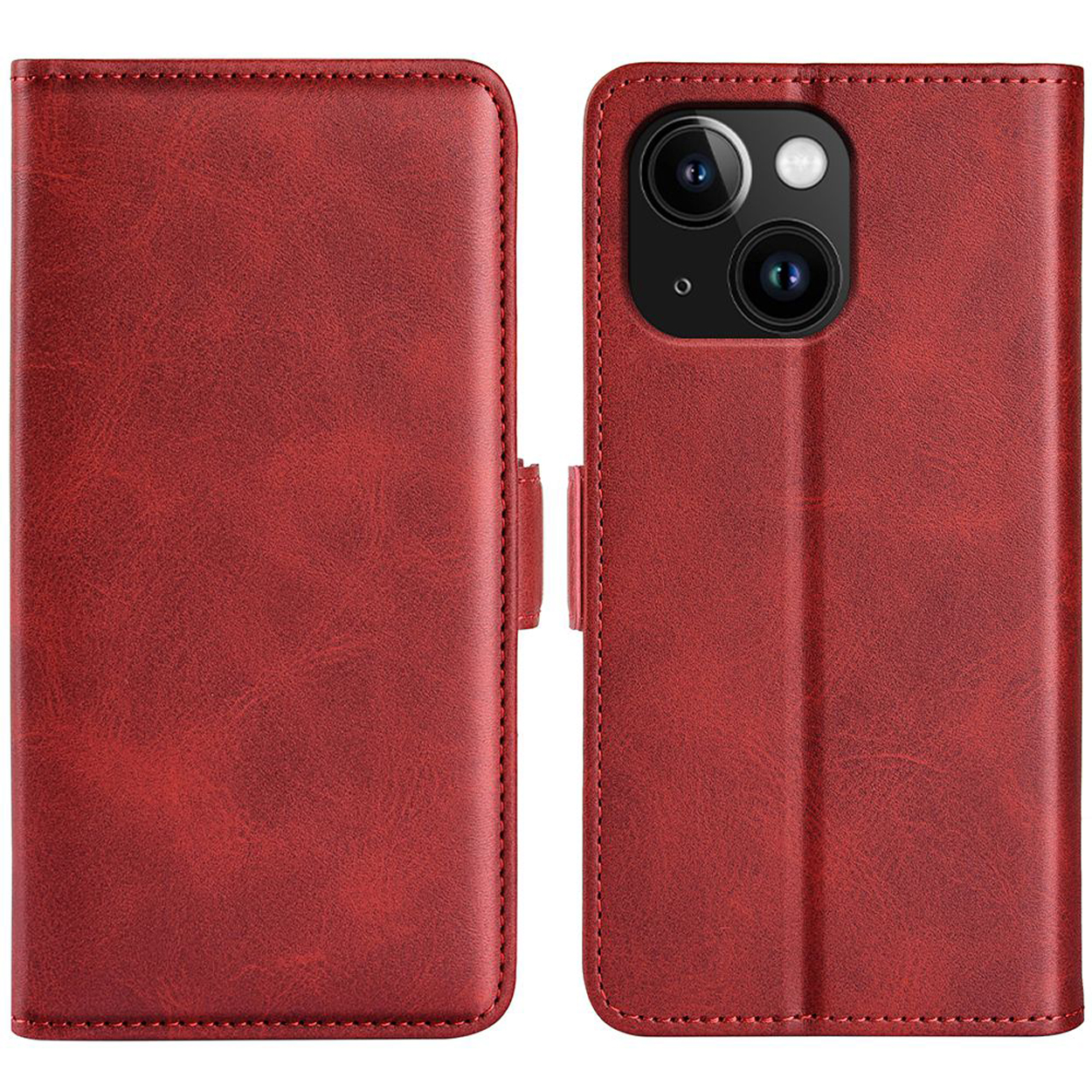 Rode leren telefoonhoes, open en dicht. Met stiksels en magneetsluiting.
