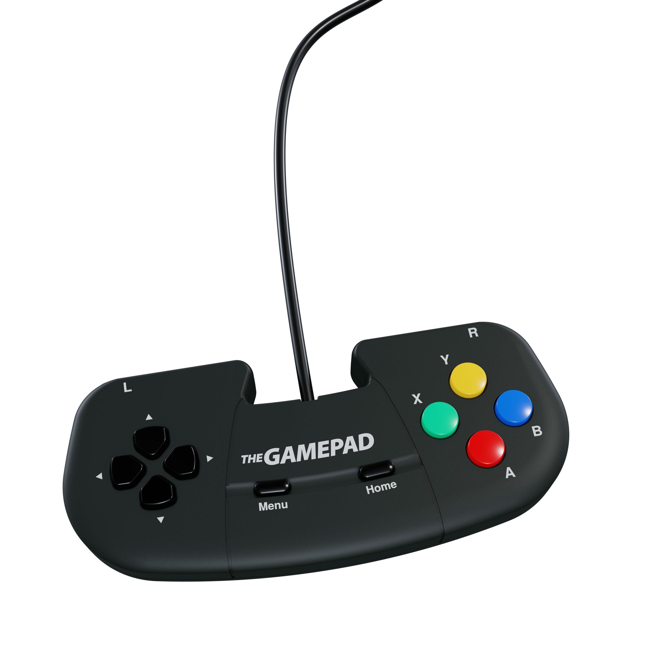 Czarny gamepad z przyciskami i kablem, widok z góry.