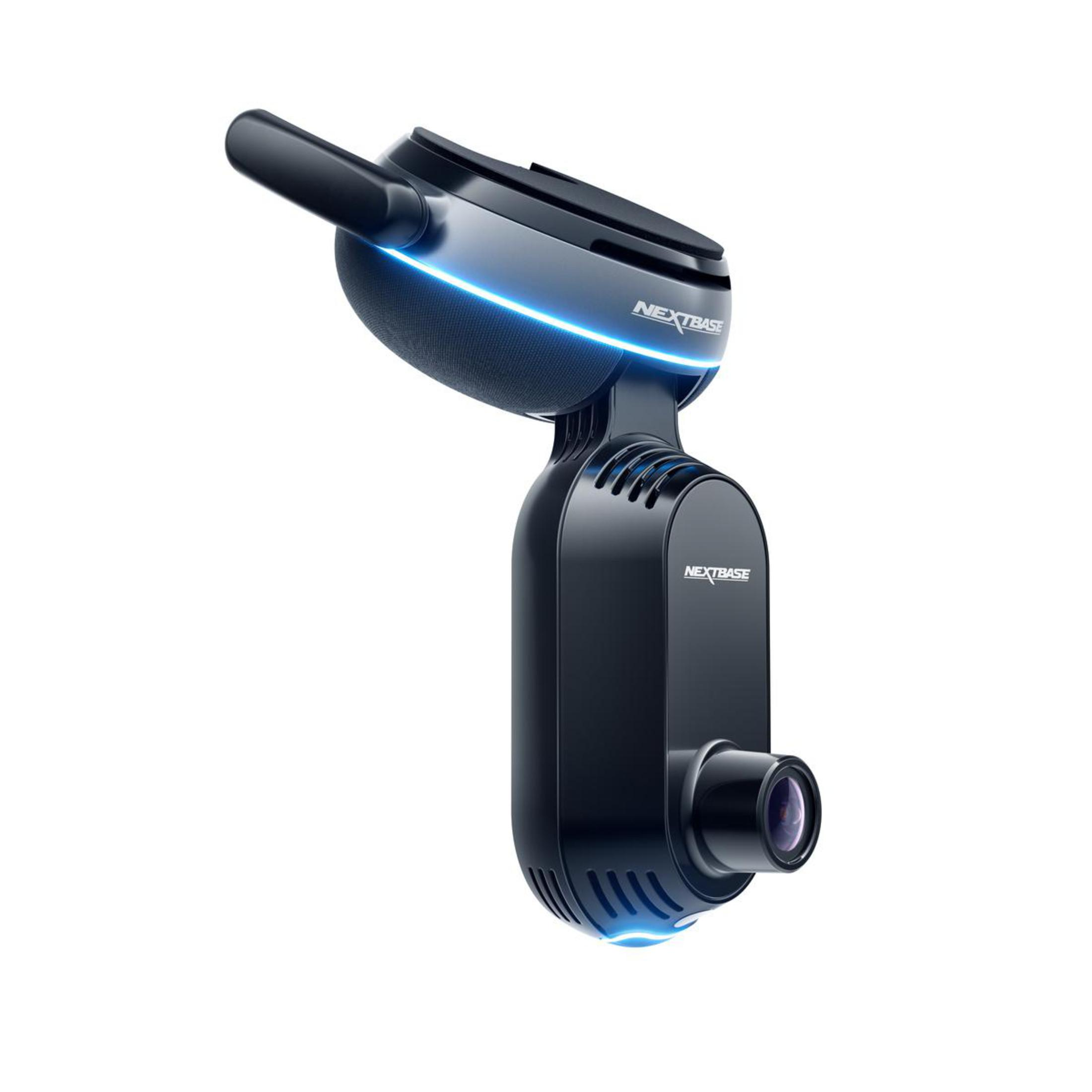 Schwarze Nextbase Dashcam. Verfügt über ein Objektiv und einen Bildschirm. Blaues Licht am unteren Rand.