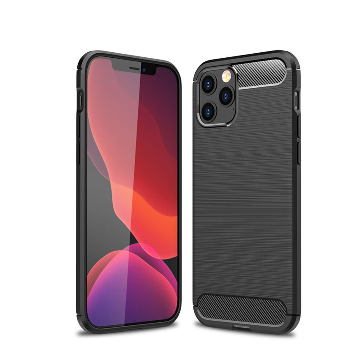 Twee zwarte telefoons, één in een hoesje en de andere staat. De hoes is zwart met textuur.