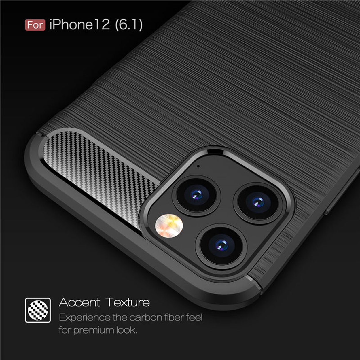 Telefoonhoes detail voor iPhone 12. Zwart, getextureerd carbon fiber gevoel voor een premium look.