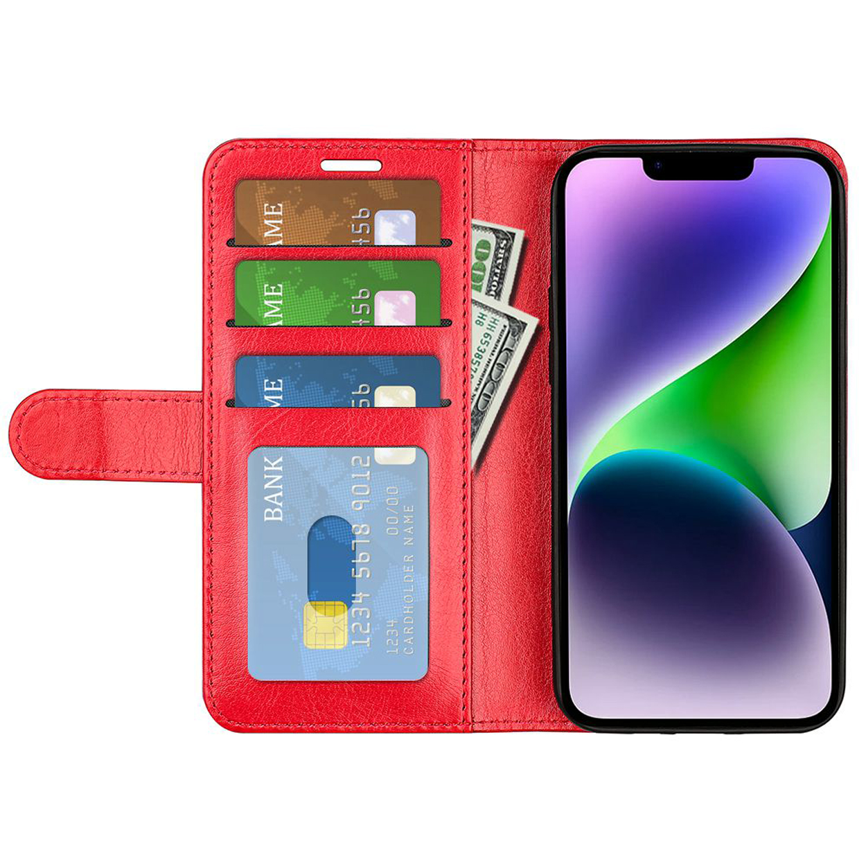 Red phone case, open. Phone inside with cards and cash. Open case with phone tilted for viewing.