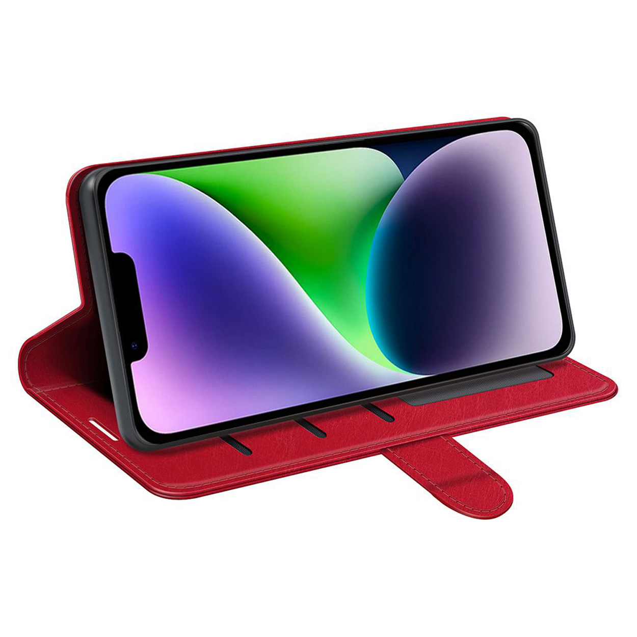 Smartphone in a red case. The screen displays a green and purple abstract image.