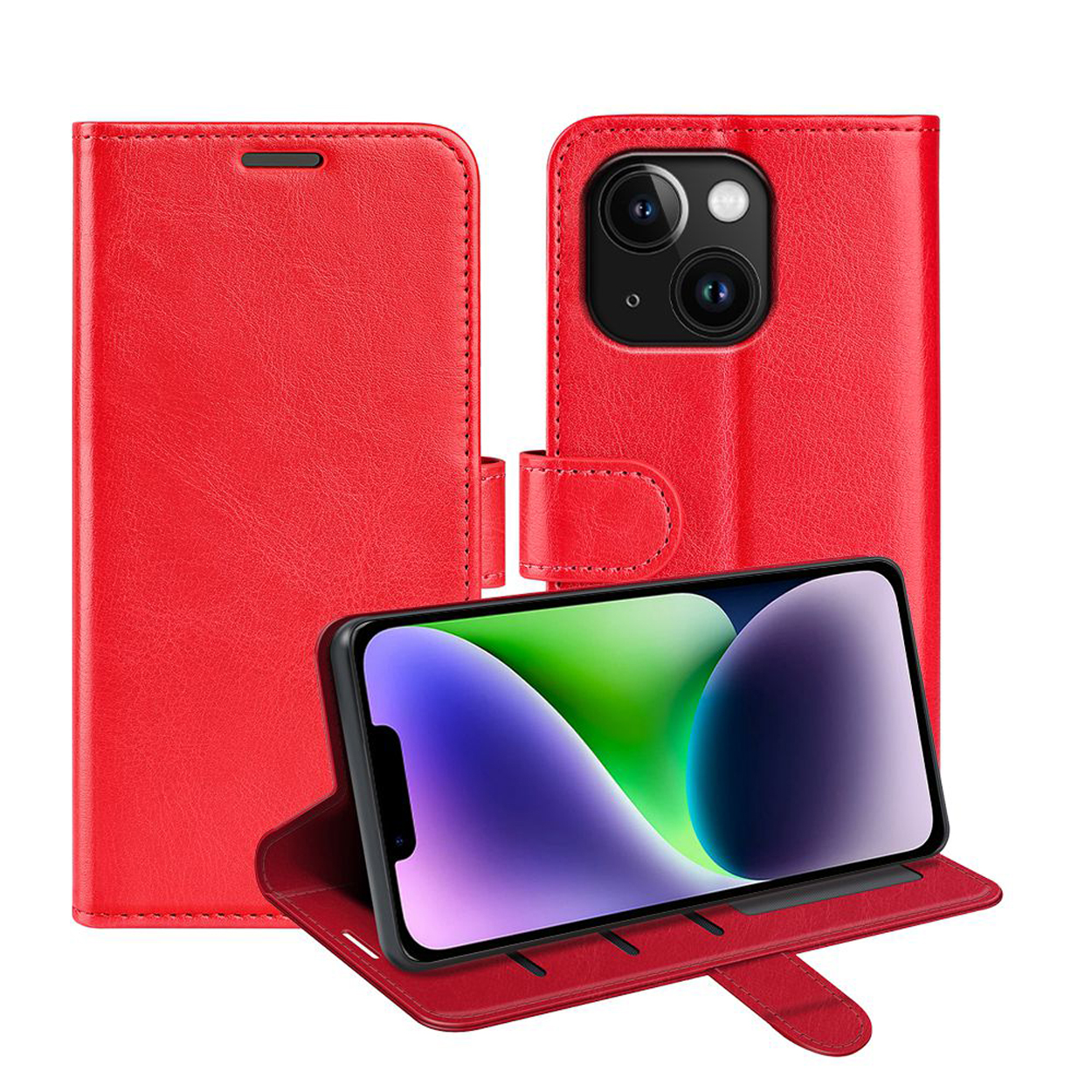 Red phone case with phone and cards. Phone shows interface. The case has card slots.
