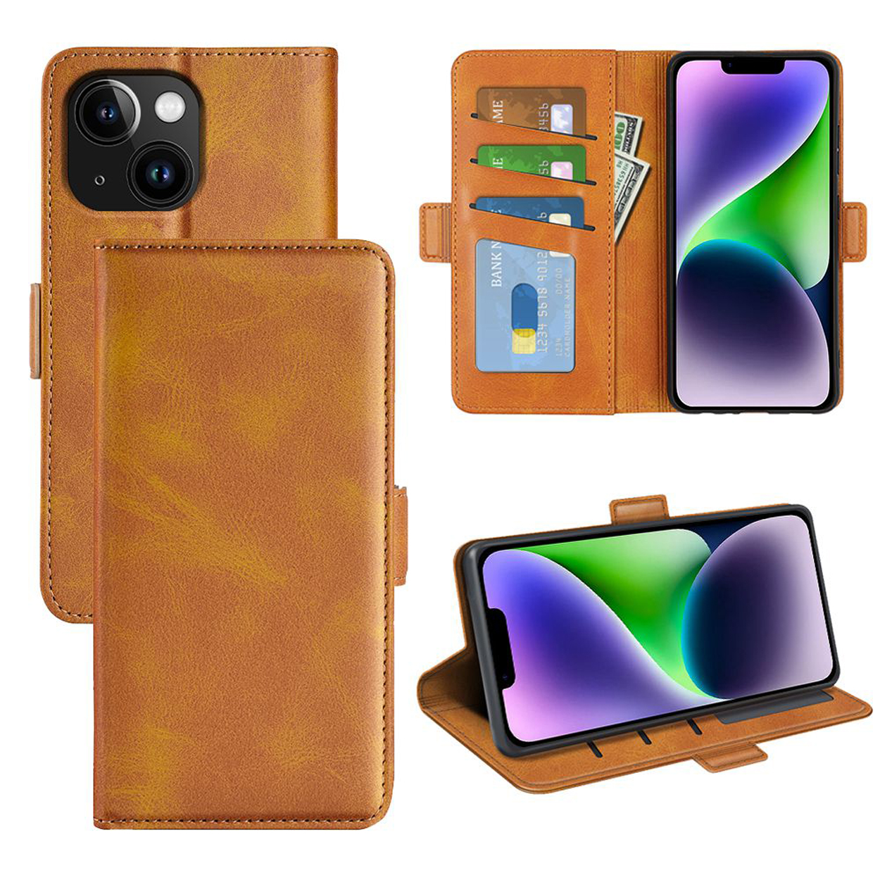 Étui de téléphone en cuir marron avec cartes et téléphone. Vues ouvertes et fermées. Fond blanc.