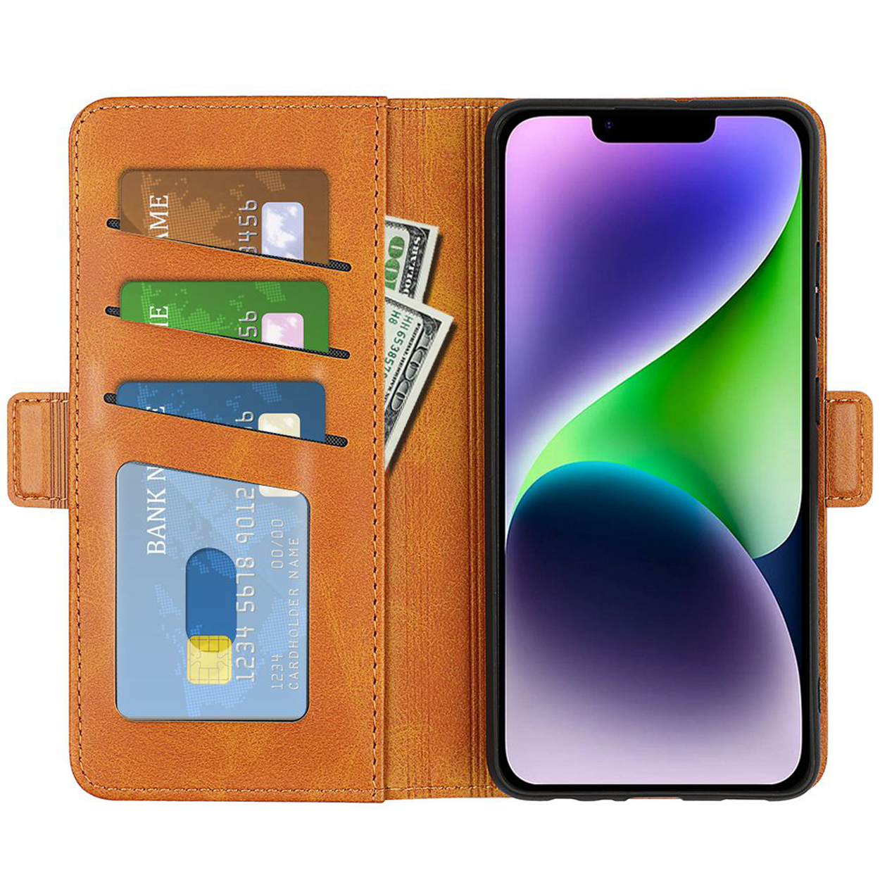 Étui de téléphone orange avec téléphone, cartes de crédit et billet à l'intérieur.