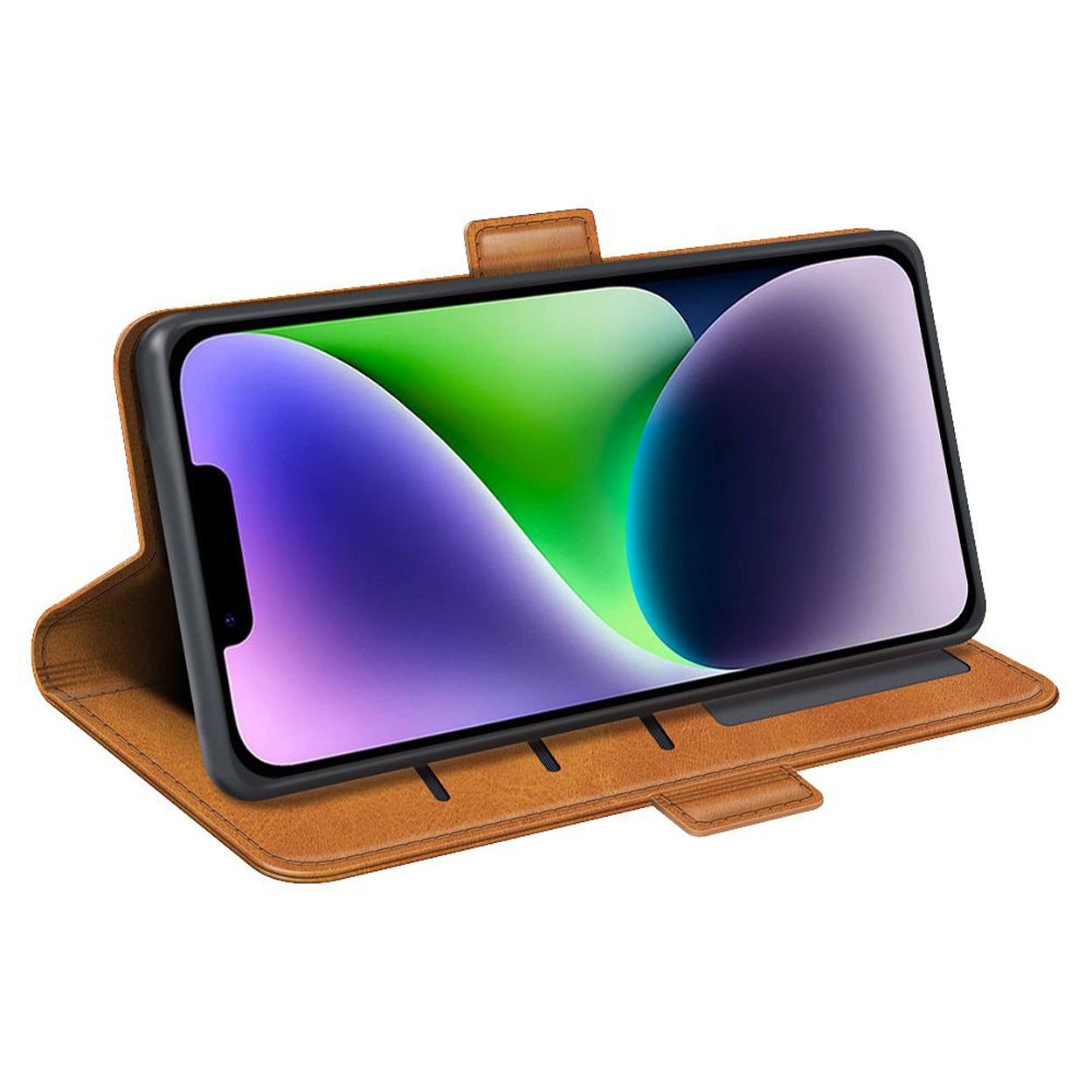 Étui de téléphone marron ouvert avec téléphone, écran affiche vert et violet.