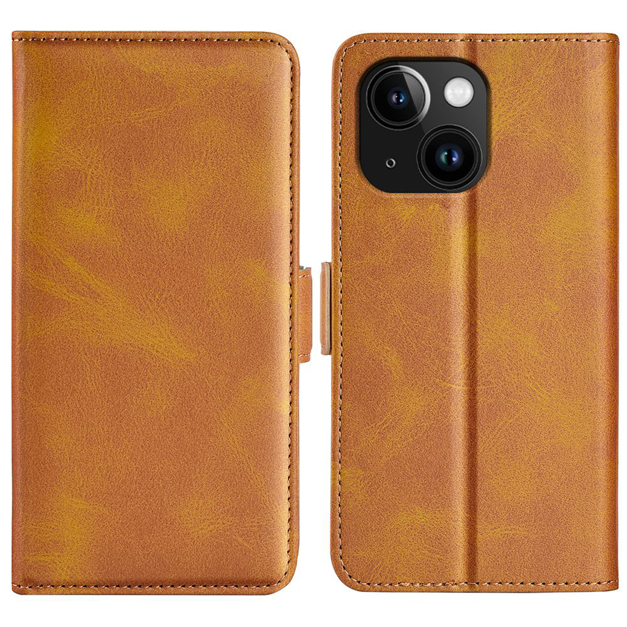Étui de téléphone en cuir marron, ouvert et fermé. Fond blanc.