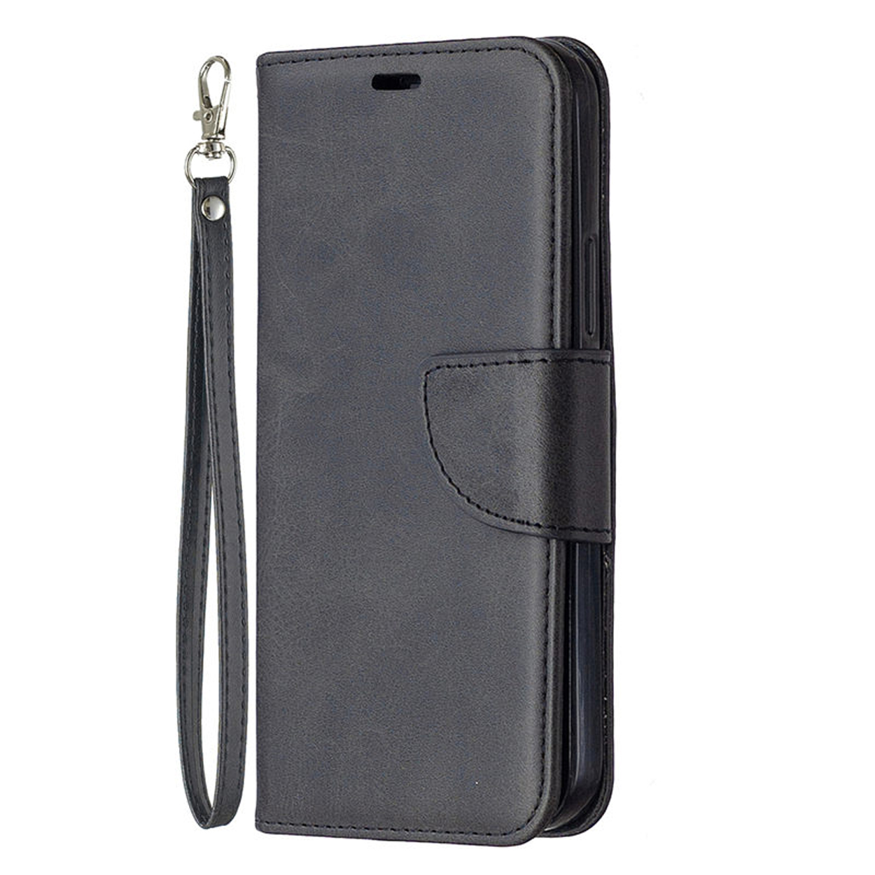 Zwarte telefoonhoes met riem. De hoes is gesloten. Achtergrond: wit.