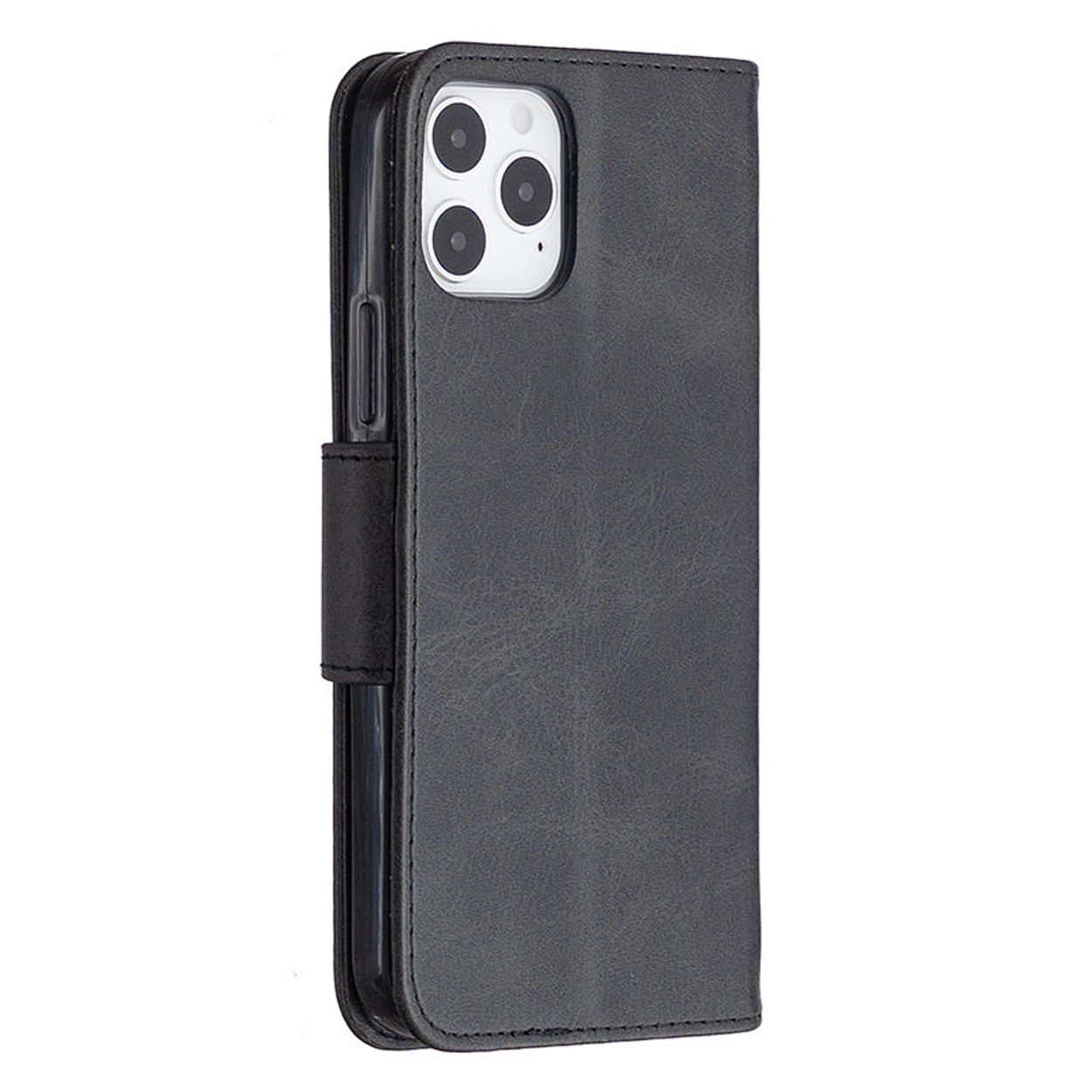 Zwarte portemonnee-telefoonhoes gesloten. Er zit een telefoon in en hij is gesloten met een magnetische sluiting.