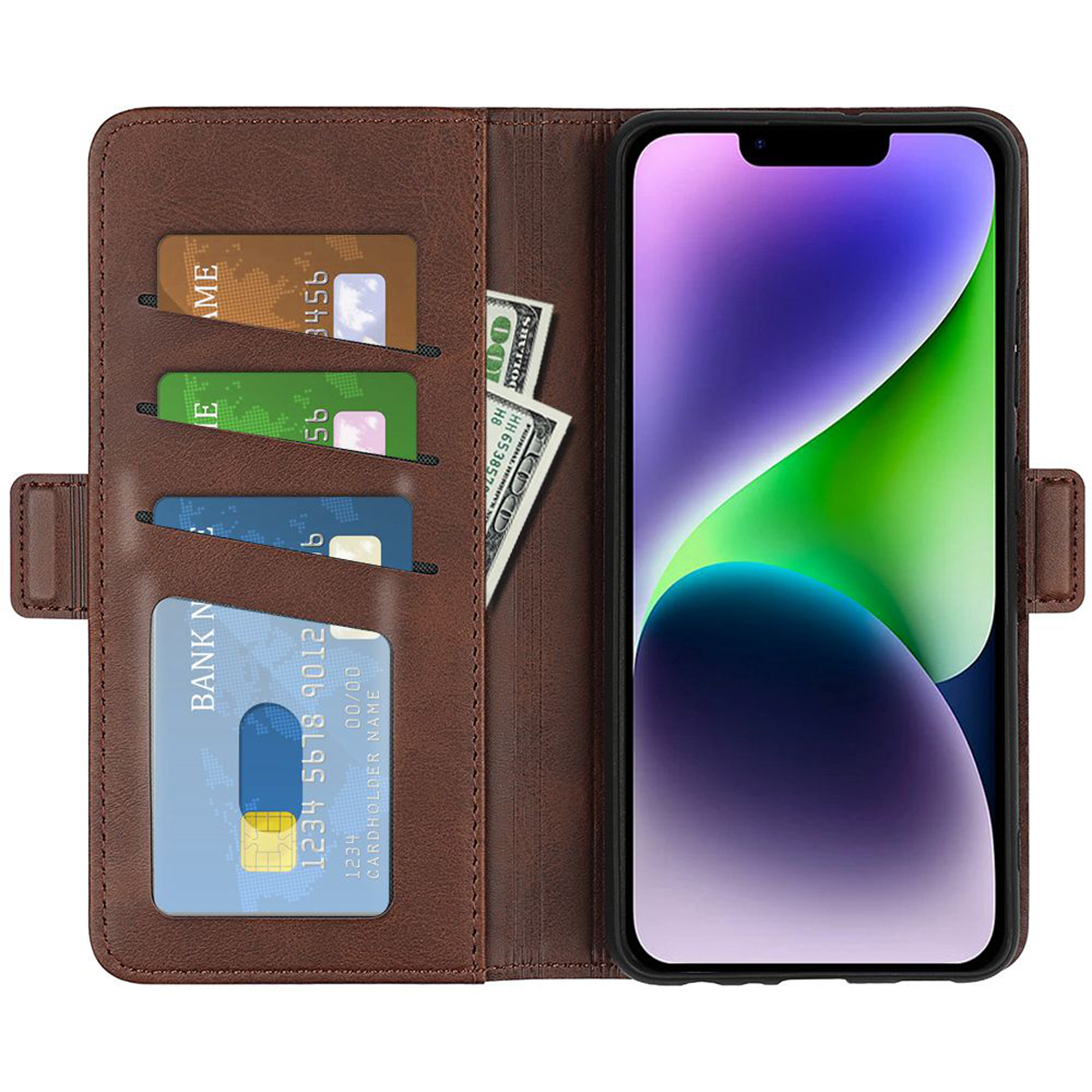 Bruine leren telefoonhoes, open. Toont telefoon, kaarten en contant geld. Met kaartsleuven en magneetsluiting.
