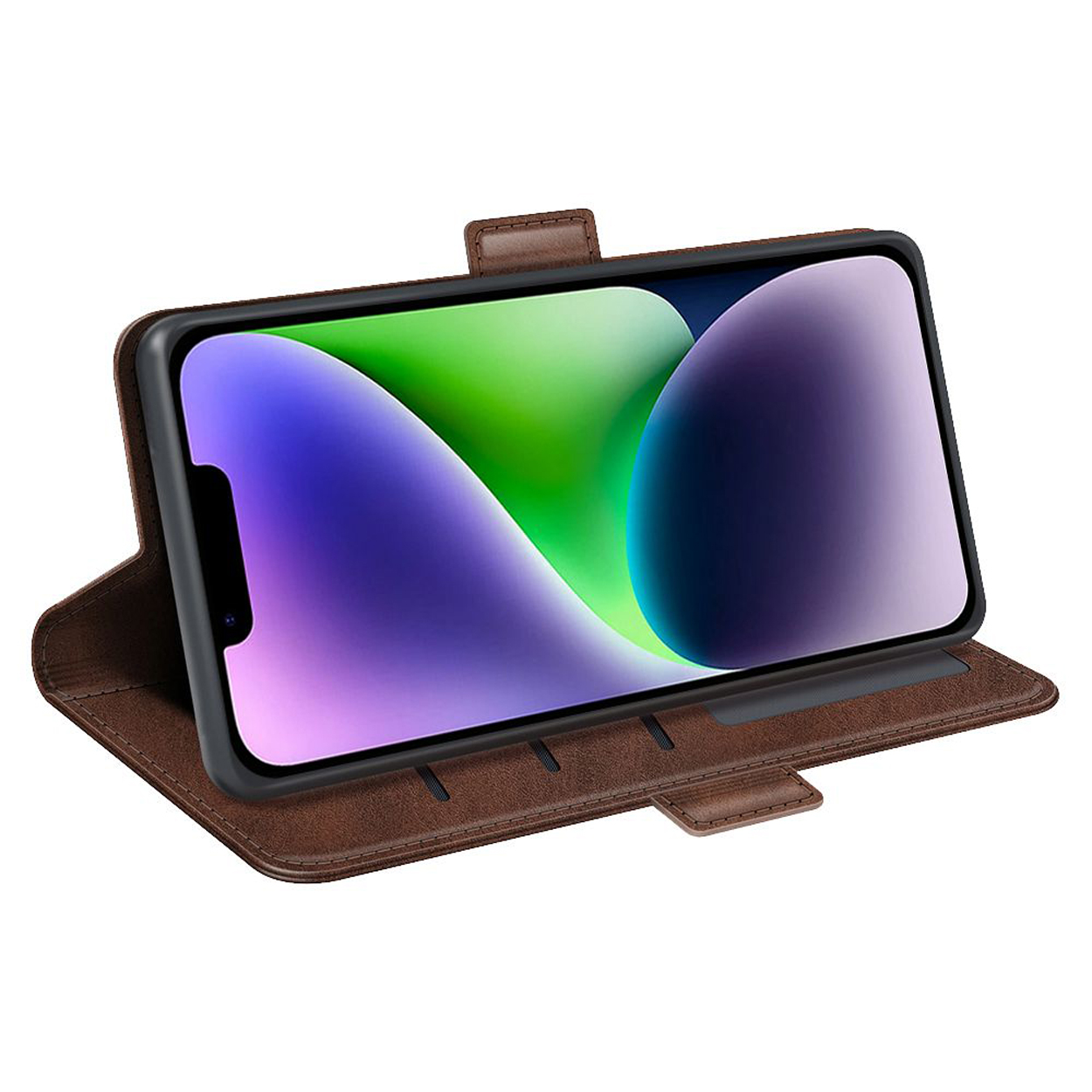 Bruine telefoonhoes met een telefoon erin. De telefoon staat op een standaard, omhoog gericht met een groot scherm.