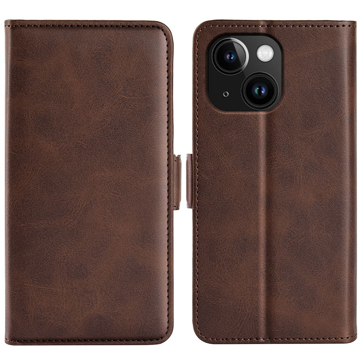 Bruine leren telefoonhoes, open en dicht. De telefoon zit erin.