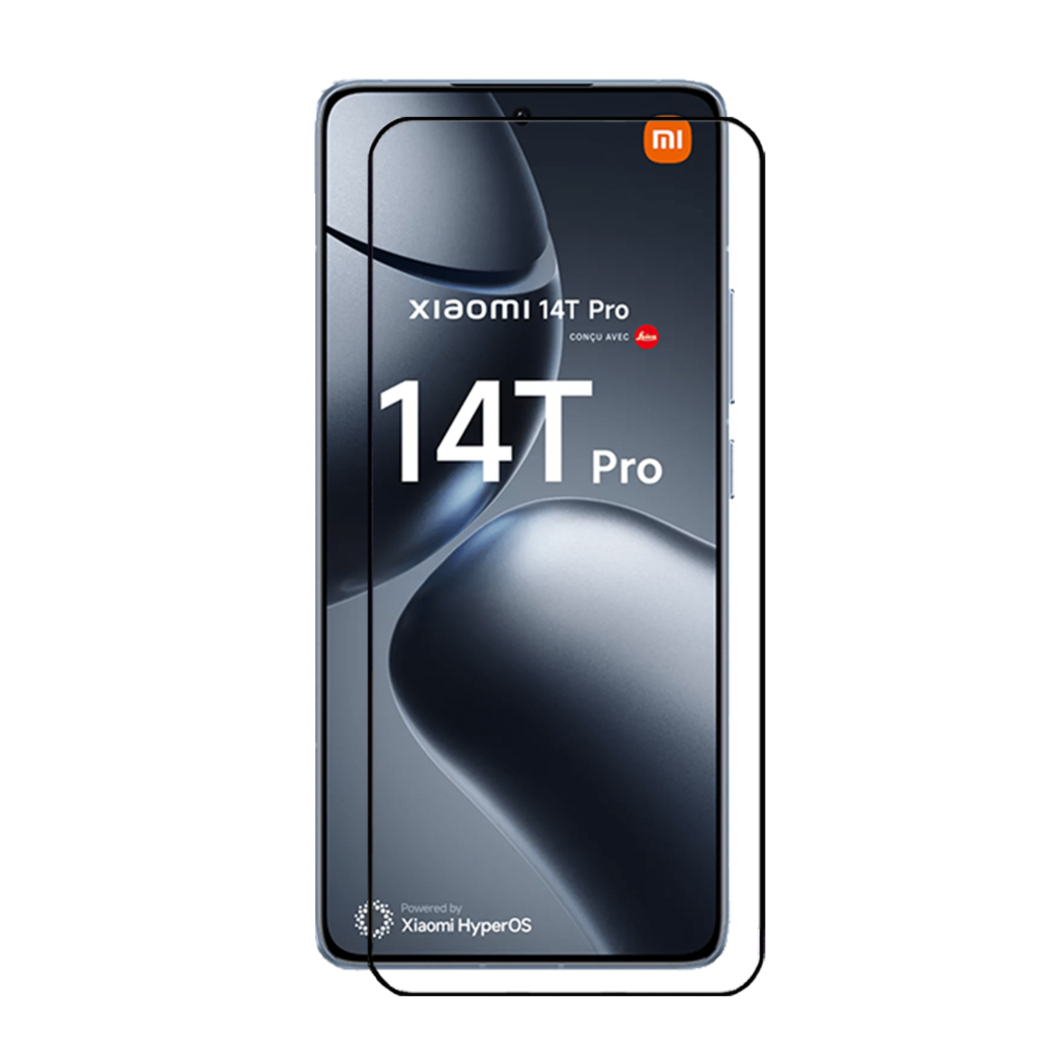 Telefoon met schermbeschermer aangebracht. Xiaomi 14T Pro tekst op scherm.