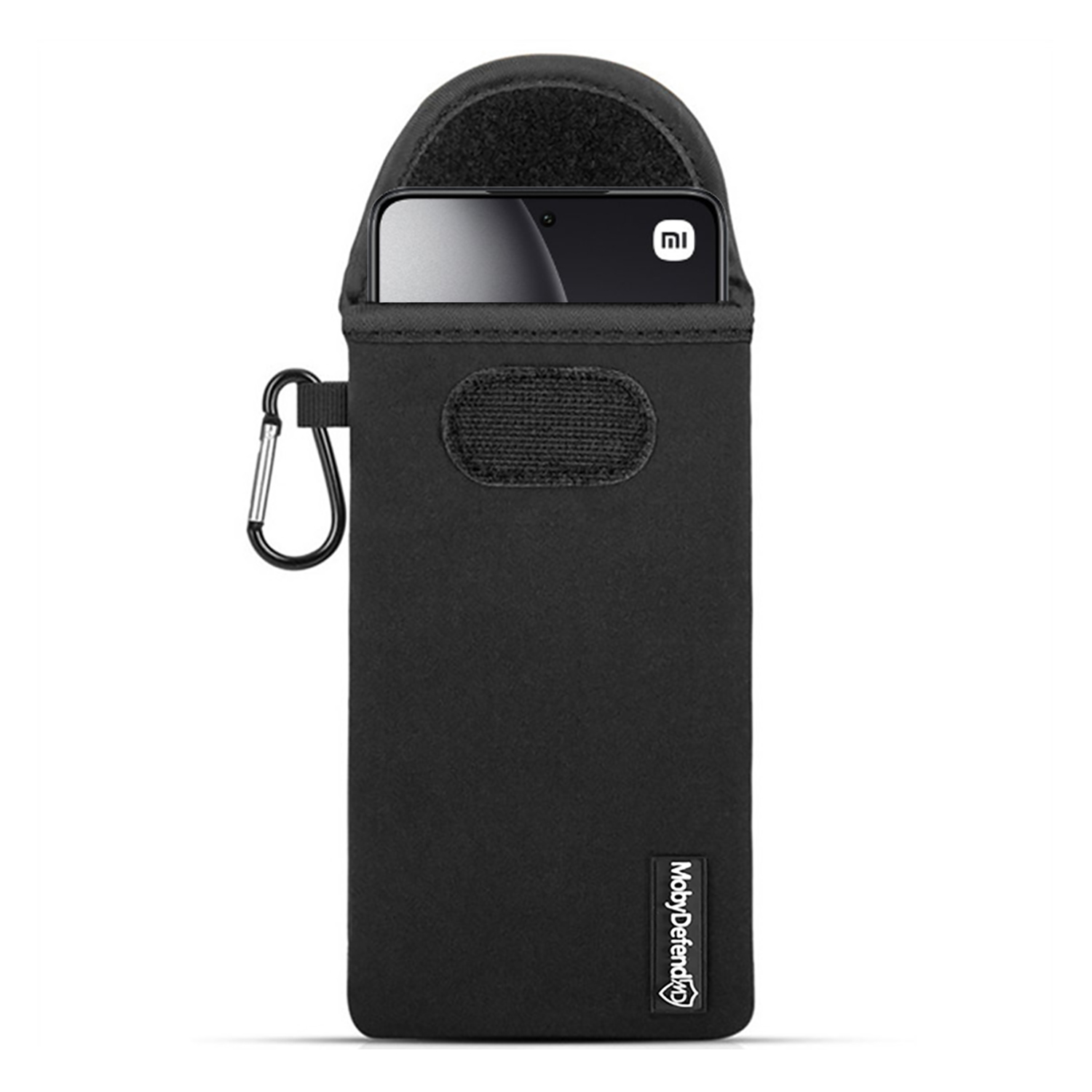 Zwarte telefoonhoes met zichtbare telefoon. Inclusief karabijnhaak.