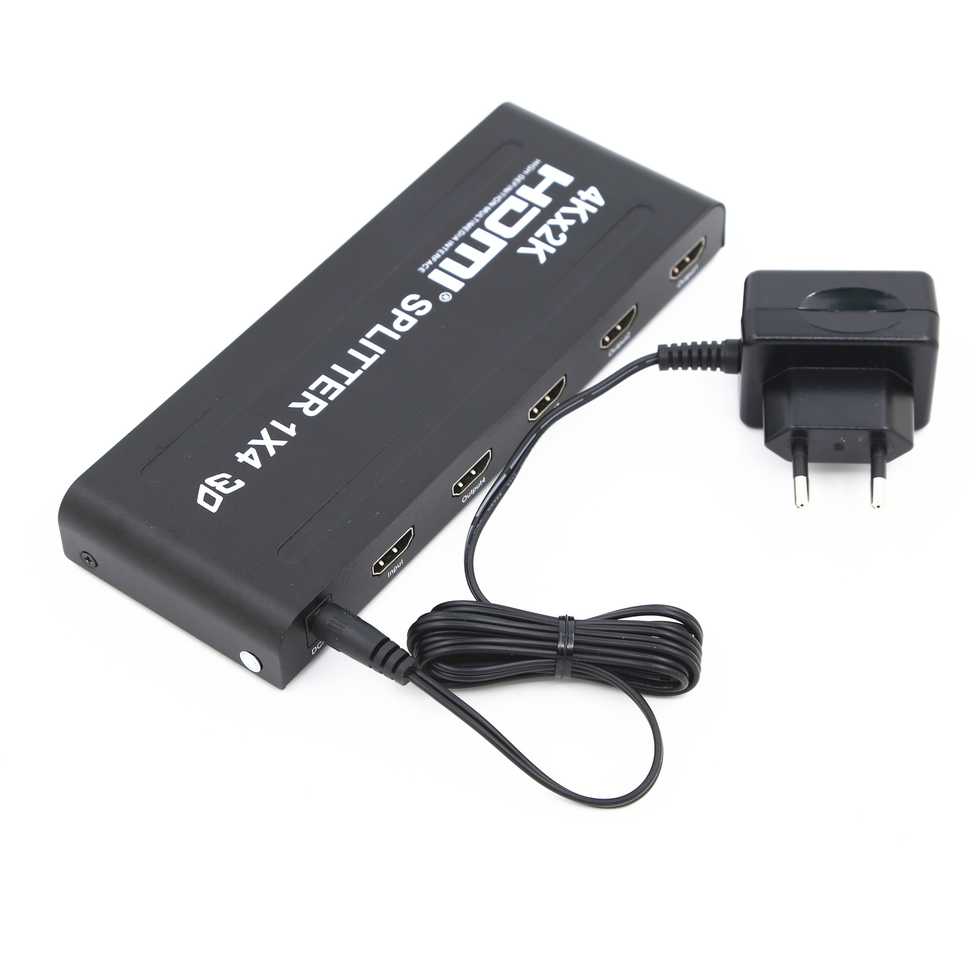 Black HDMI splitter with power supply. Multiple HDMI ports and a connected power adapter.