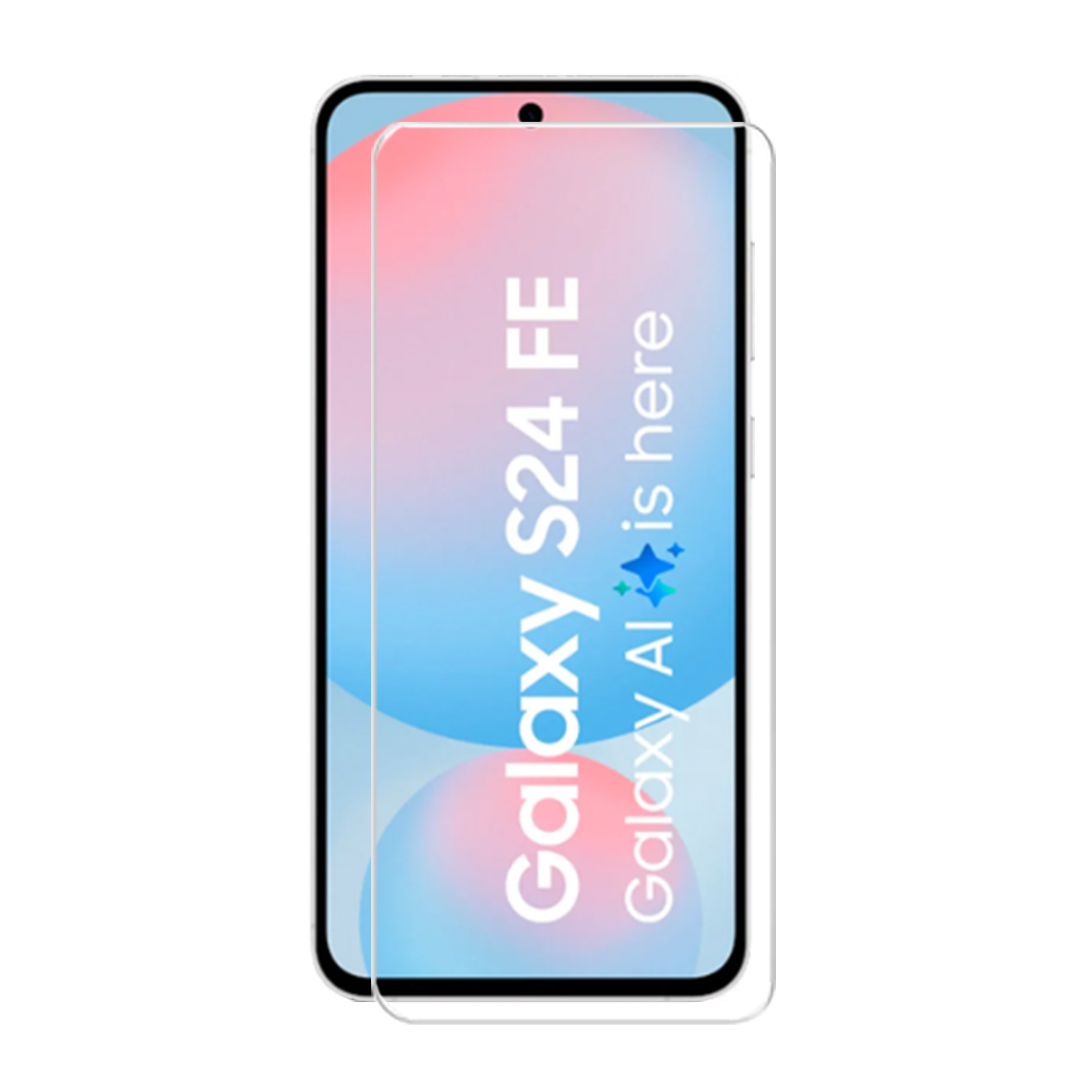 Schermbeschermer op witte achtergrond met tekst: "Galaxy S24 FE". Blauwe en witte achtergrond.