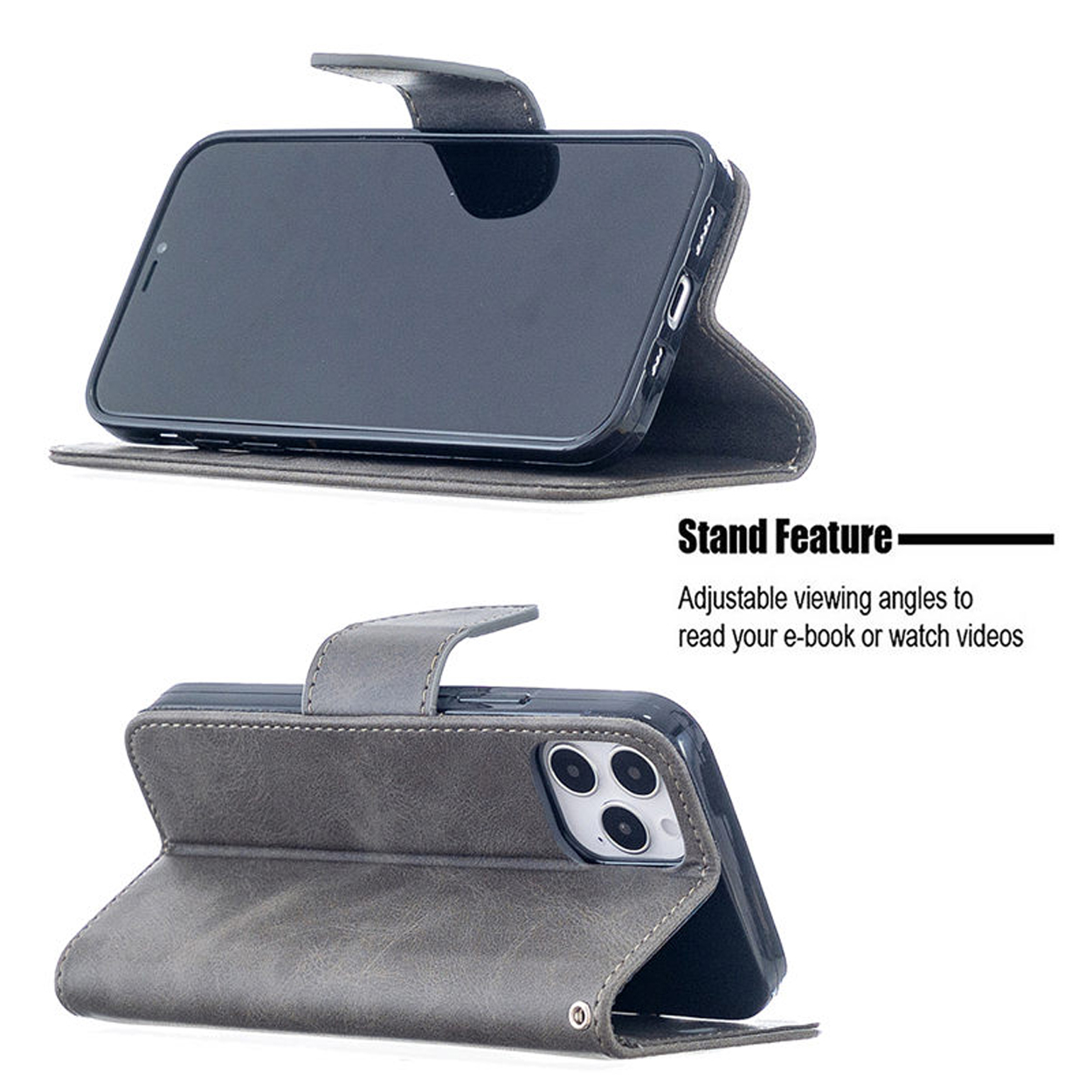 Een telefoon in een folio case, open en dicht. Beschikt over een standfunctie voor weergave.