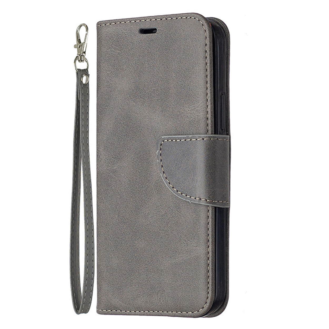 Grijze leren telefoonhoes. Voorzien van polsband en magneetsluiting. Stikseldetails zijn zichtbaar.