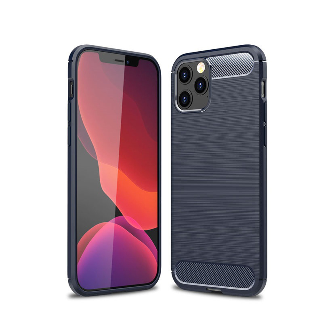 Telefoonhoes met een telefoon erin, met een blauwe getextureerde achterkant en een zwart scherm.