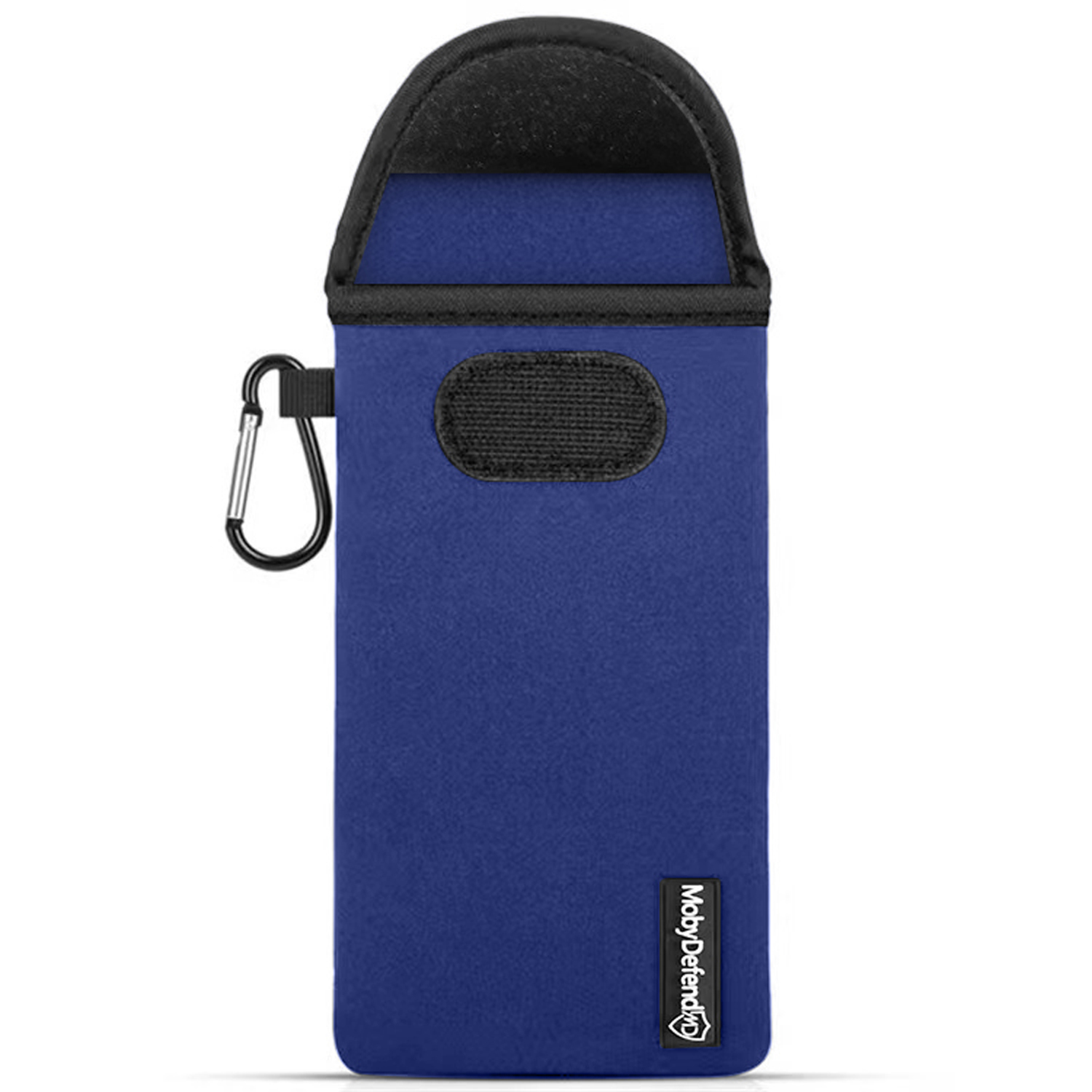 Blauwe telefoonhoes met zwarte bovenkant en karabijnhaak. De merknaam staat onderaan.