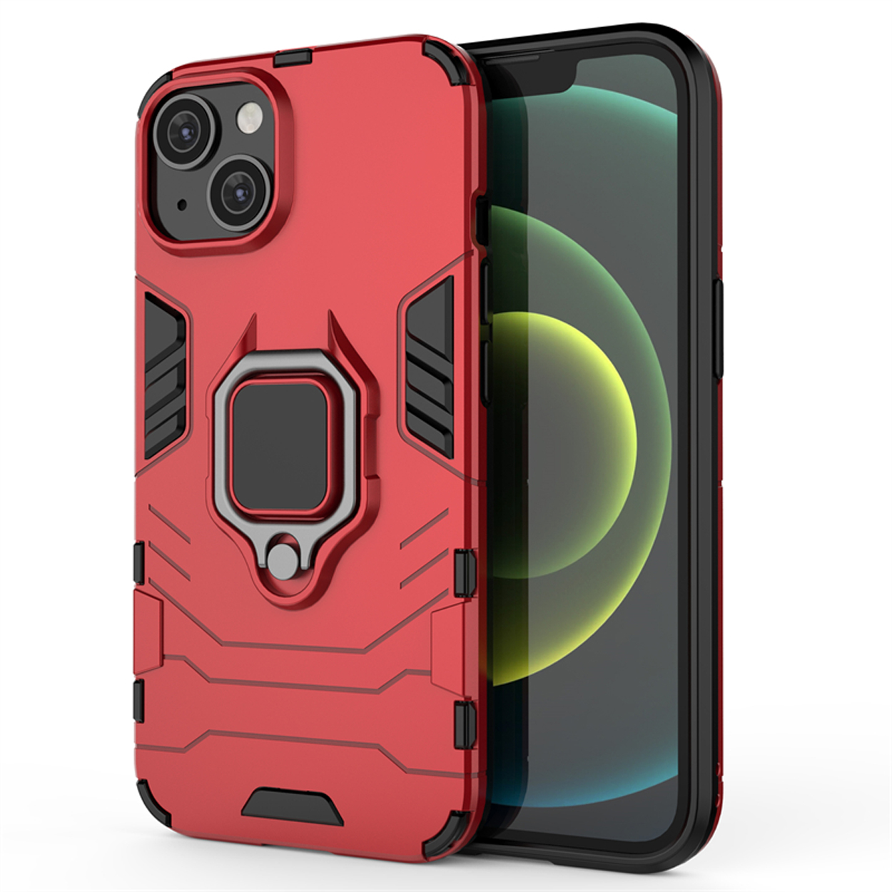 Red phone case with ring holder and multiple camera lenses on back, phone inside.
