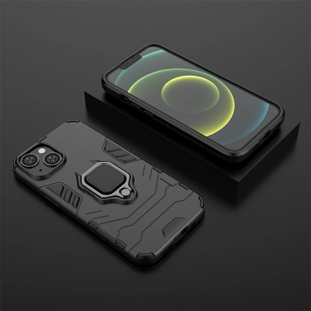 Black phone case with a ring holder, phone on a black stand.
