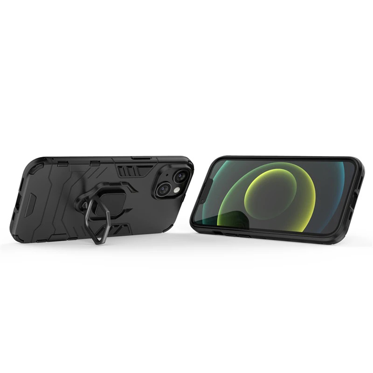 Black phone case with ring holder, phone on white background. Second phone showing green wallpaper.