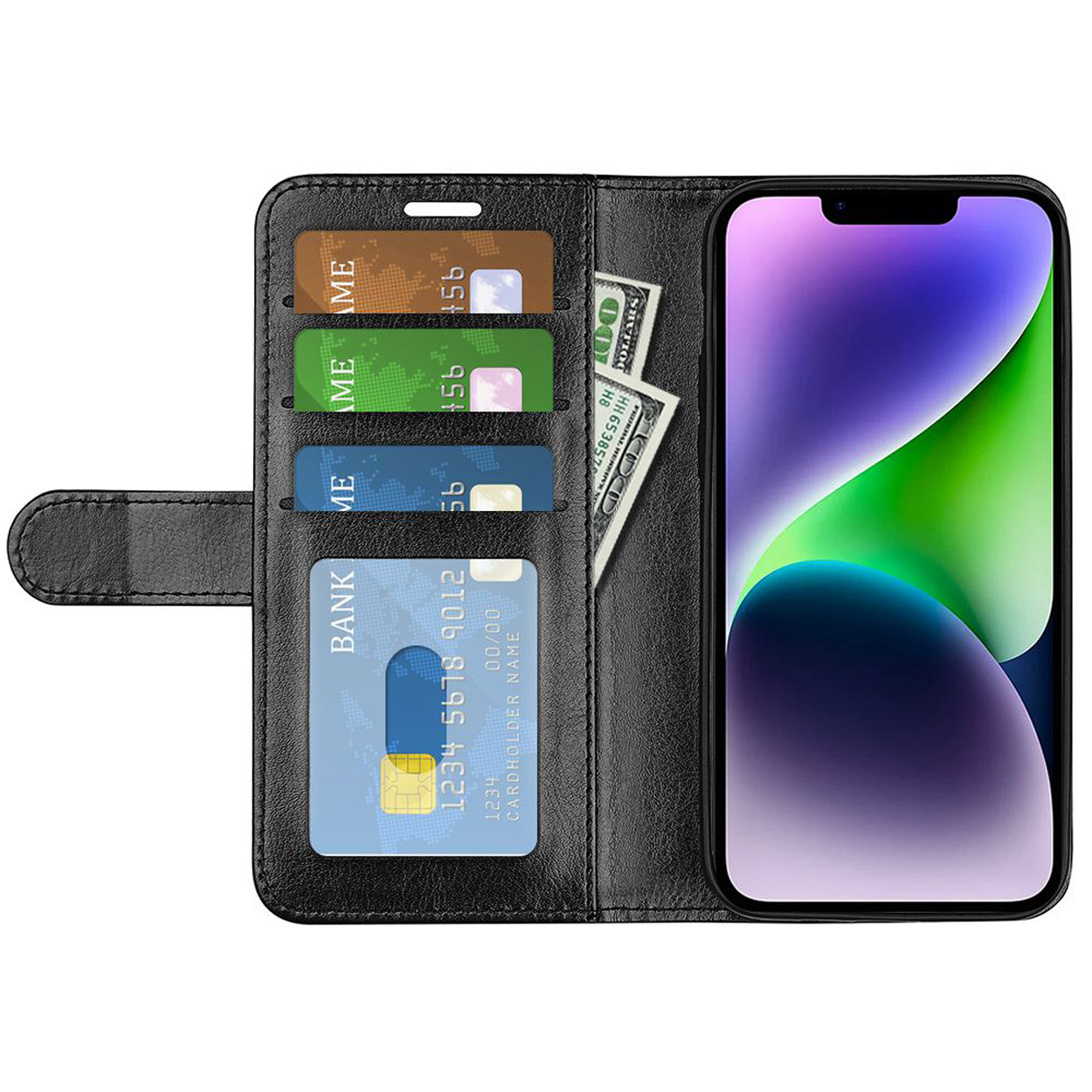 Black phone case with a phone, cards, and cash inside.
