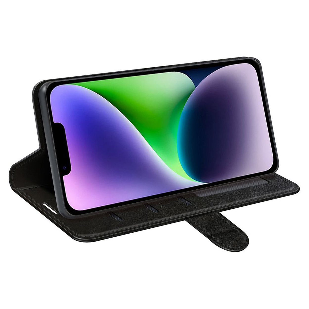 Black phone case, open, holding phone with colorful background.