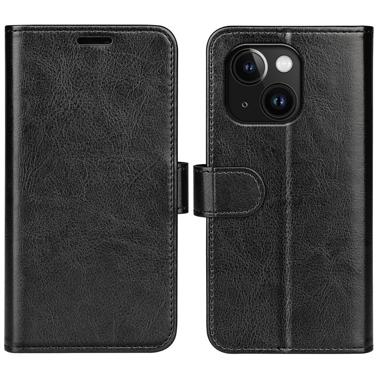 Black leather phone case, open to reveal the phone's screen. Features a magnetic clasp.