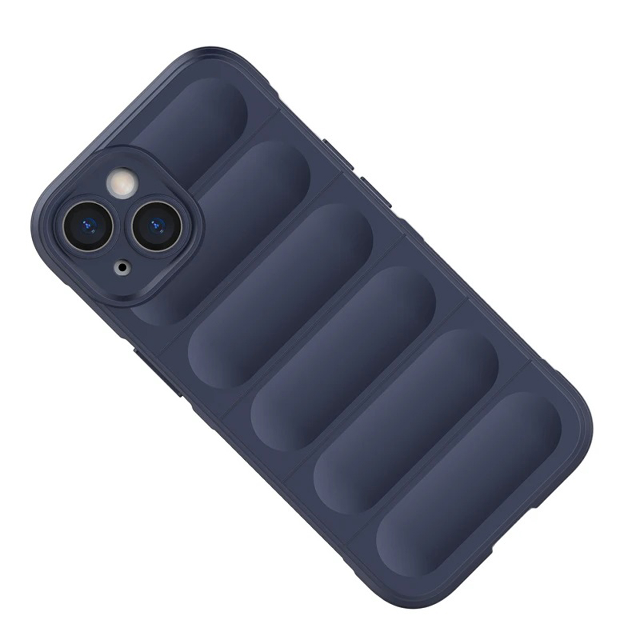 Dark blue phone case. Multiple bumps on the back. Rounded edges. Camera cutout.
