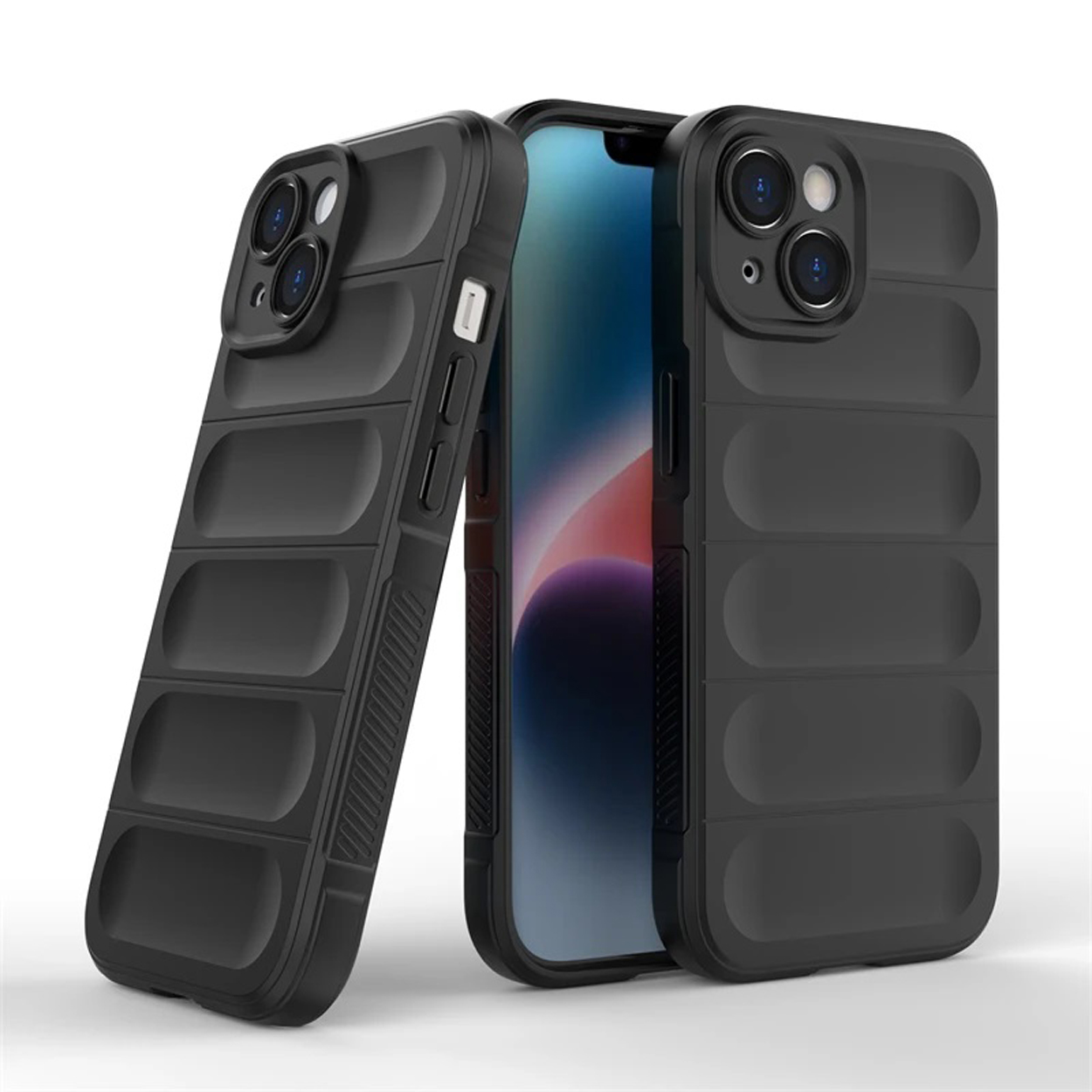 Black phone cases on white background. One case is open, revealing a phone inside.