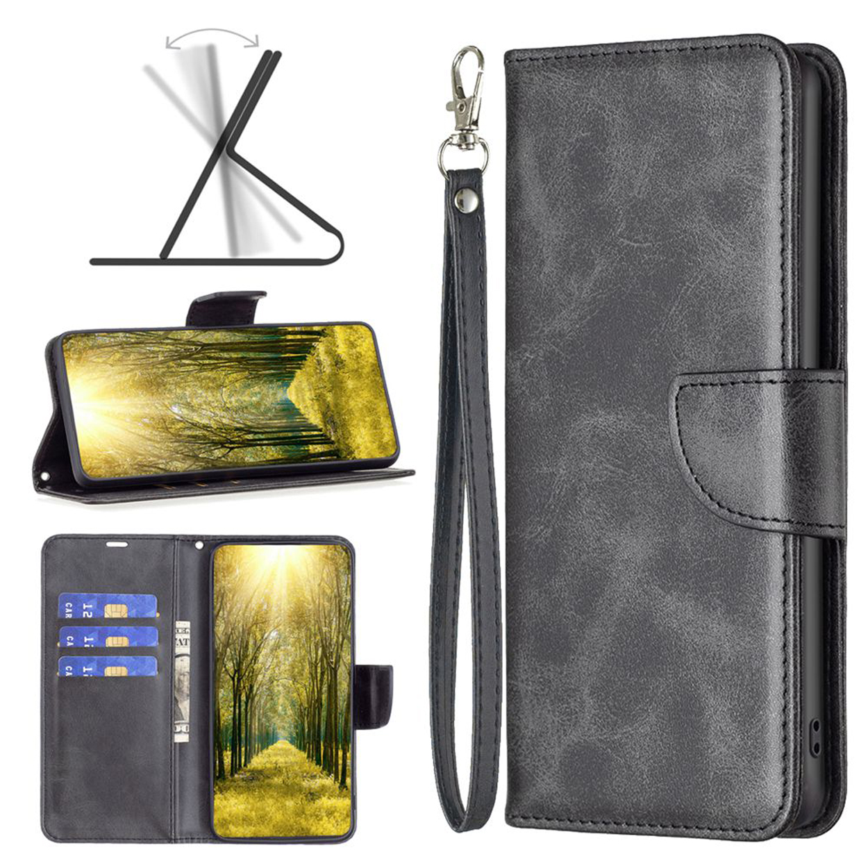 Étui de téléphone en cuir gris. Avec fentes pour cartes, dragonne et fonction support.