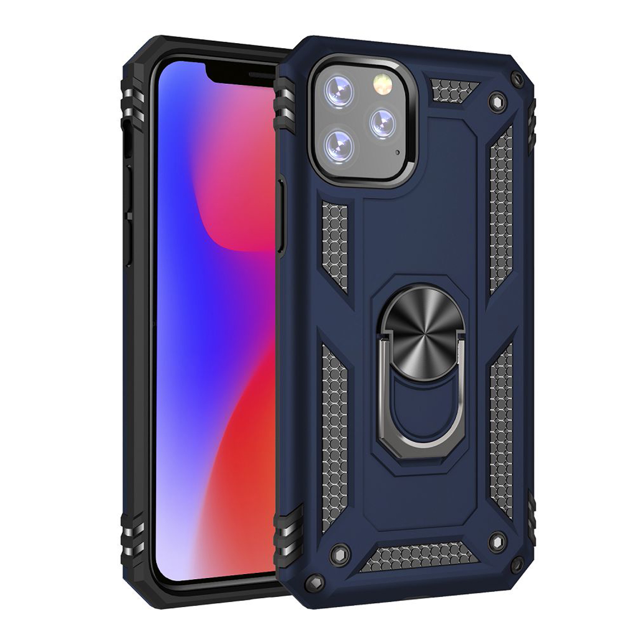 Donkerblauwe telefoonhoes met een ringhouder. Telefoon zit in de hoes. Witte achtergrond.